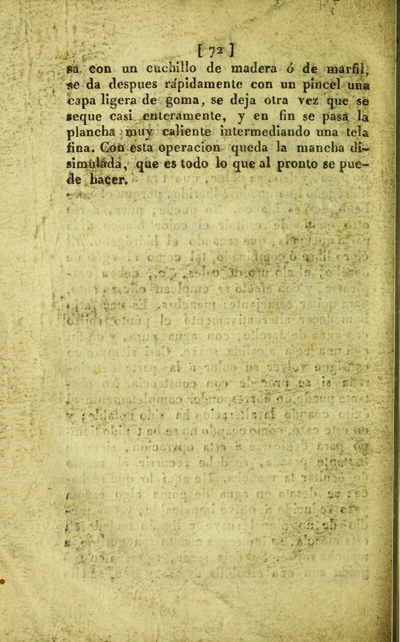 ■se da después rápidamente con un píiicél un^i capa ligera de goma, se deja otra vez que sé •eque casi, entctrámente, y en fin se pasá la plancha : muy callente Intermediando una tela fina. ésta Operación queda la mancha dla «¡müt^dá, que es todo lo que al pronto se pue- de ííáccre