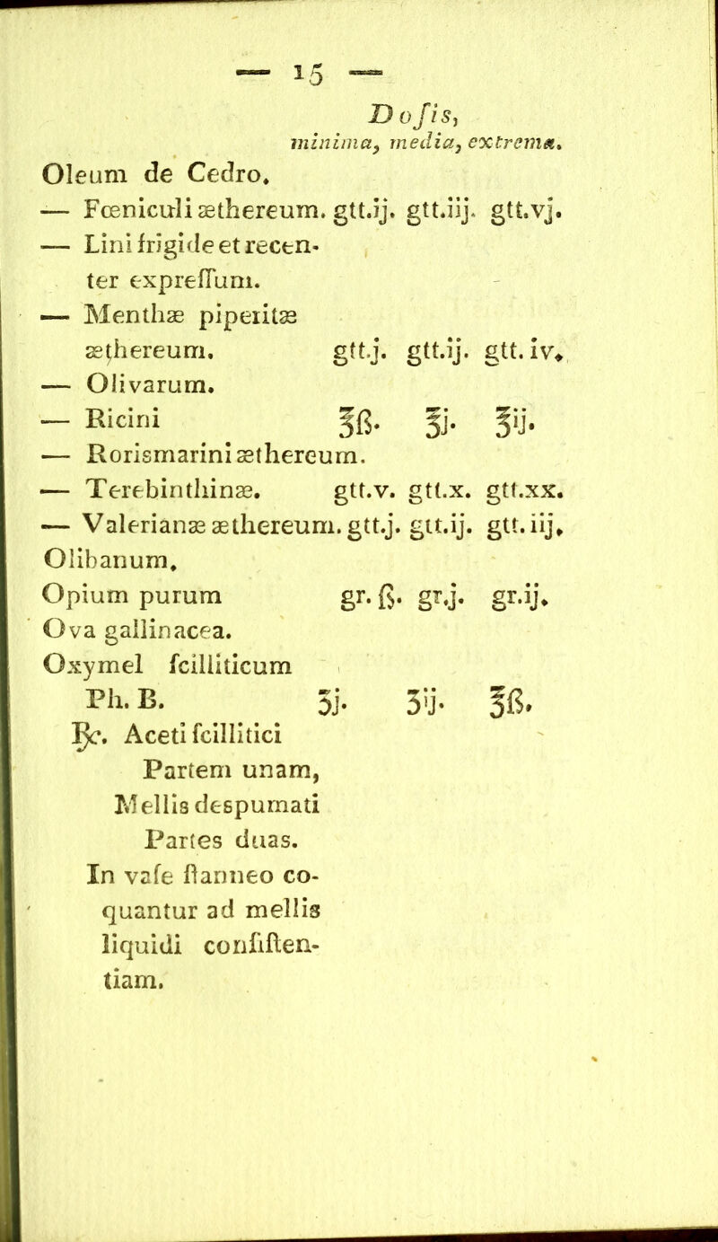 Do fi Si minimay inedia^ extrema» Oleum de Cedro* — Fceniculisethereum. gtt.ij. gttJij* gtt.vj. — Lini frigide et recen- ter exprefTum. — Menthae pipeiitas ae^hereuni. gttj. gtt.lj. gtt. — Olivarum. — Ricini ^ 5(5. Jj. Jij. — Rorismariniaethereum, — Terebinthinae. gtt.x. gtt.xx. — Valerianae aethereum. gtt.j. gtt.ij. gtt. iij\ Olibanum* Opium purum gr. {J. gr.j, gr.ij» Ova gallinacea. Oxymel fciliiticum 5j- 3'j- Si?. ]^. Aceti fcillitici Partem unam, Mellis despumati Partes duas. In vafe hanneo co- quantur ad mellis liquidi confiflen- tiam.