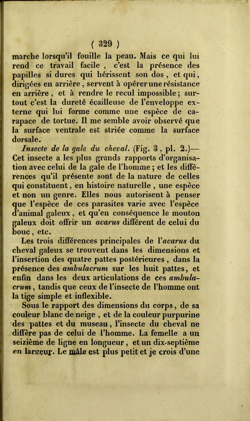 marche lorsqu’il fouille la peau. Mais ce qui lui rend ce travail facile , c’est la présence des papilles si dures qui hérissent son dos , et qui, dirigées en arrière, servent à opérer une résistance en arrière , et à rendre le recul impossible ; sur- tout c’est la dureté écailleuse de l’enveloppe ex- terne qui lui forme comme une espèce de ca- rapace de tortue. Il me semble avoir observé que la surface ventrale est striée comme la surface dorsale. Insecte de la gale du cheval. (Fig. 3, pl. 2.)— Cet insecte a les plus grands rapports d’organisa- tion avec celui de la gale de l’homme ; et les diffé- rences qu’il présente sont de la nature de celles qui constituent, en histoire naturelle , une espèce et non un genre. Elles nous autorisent à penser que l’espèce de ces parasites varie avec l’espèce d’animal galeux, et qu’en conséquence le mouton galeux doit offrir un acarus différent de celui du bouc, etc. Les trois différences principales de Yacarus du cheval galeux se trouvent dans les dimensions et l’insertion des quatre pattes postérieures , dans la présence des ambulacrum sur les huit pattes, et enfin dans les deux articulations de ces ambula- crum , tandis que ceux de l’insecte de l’homme ont la tige simple et inflexible. Sous le rapport des dimensions du corps, de sa couleur blanc de neige , et de la couleur purpurine des pattes et du museau, l’insecte du cheval ne diffère pas de celui de l’homme. La femelle a un seizième de ligne en longueur, et un dix-septième en larseur* Le mâle est plus petit et je crois d’une