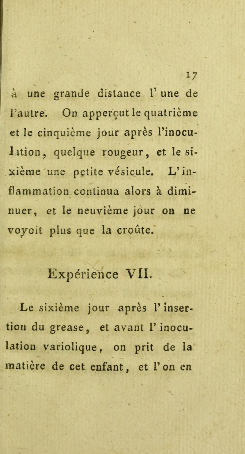 !7 k une grande distance 1’ une de l’autre. On apperçut le quatrième et le cinquième jour après l’inocu- 1-ition, quelque rougeur, et le si- xième une petite vésicule. L’in- flammation continua alors à dimi- nuer, et le neuvième jour on ne voyoit plus que la croûte. Expérience VIL Le sixième jour après l’inser- tion du grease, et avant l’inocu- lation variolique, on prit de la matière de cet enfant, et l’on en