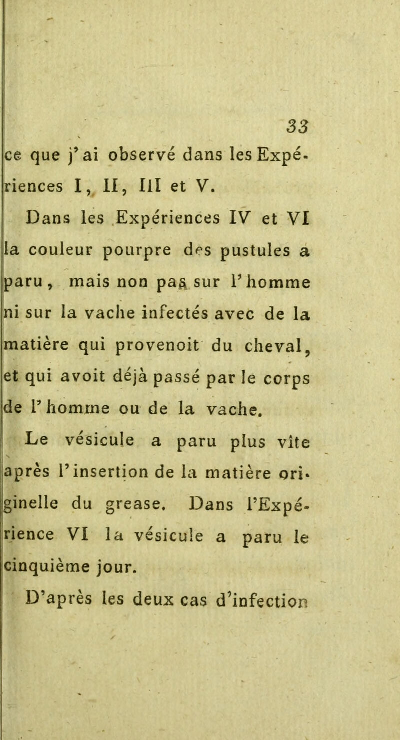 S3 ce que j’ai observé dans les Expé- riences I, II, III et V. Dans les Expériences IV et VI la couleur pourpre des pustules a paru, mais non pa& sur l’homme ni sur la vache infectés avec de la matière qui provenoit du cheval, et qui avoit déjà passé par le corps de l’homme ou de la vache. Le vésicule a paru plus vite après l’insertion de la matière ori- jginelle du grease. Dans l’Expé- rience VI la vésicule a paru le icinquième jour. D’après les deux cas d’infection