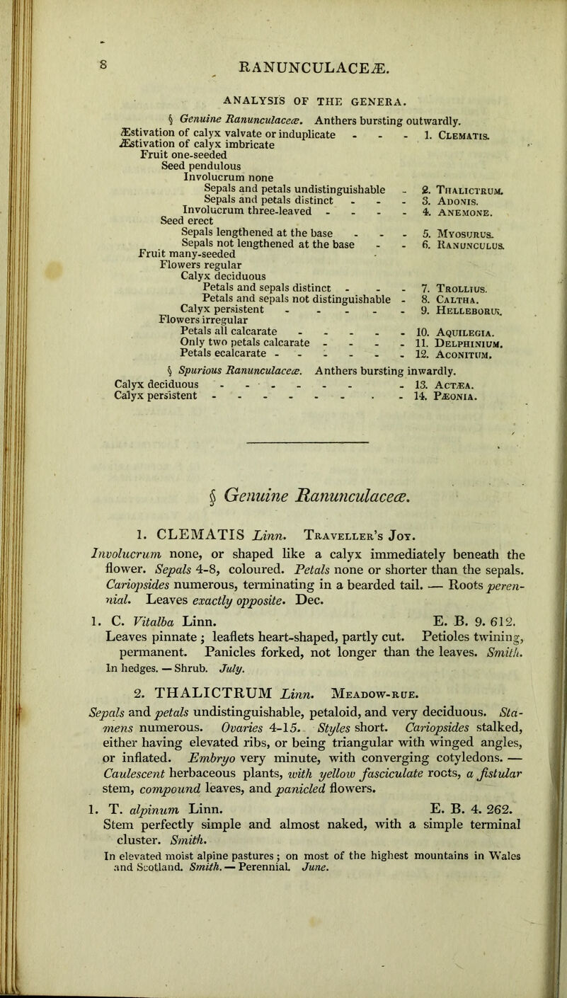 ANALYSIS OF THE GENERA. § Genuine Ranunculacece. Anthers bursting /Estivation of calyx valvate or induplicate ^Estivation of calyx imbricate Fruit one-seeded Seed pendulous Involucrum none Sepals and petals undistinguishable Sepals and petals distinct Involucrum three-leaved . Seed erect Sepals lengthened at the base Sepals not lengthened at the base Fruit many-seeded Flowers regular Calyx deciduous Petals and sepals distinct - Petals and sepals not distinguishable - Calyx persistent - Flowers irregular Petals all calcarate - Only two petals calcarate - Petals ecalcarate outwardly. 1. Clematis. 2. Thalictrum. 3. Adonis. 4. ANEMONE. 5. Myosurusl 6. Ranunculus. 7. Trollius. 8. Caltha. 9. Helleborik. 10. Aquilegia. 11. Delphinium. 12. Aconitum. § Spurious Ranunculacece. Anthers bursting inwardly. Calyx deciduous ------ - 13. ActjEa. Calyx persistent - 14. Paionia. § Genuine Ranunculacece. 1. CLEMATIS Linn. Traveller’s Jot. Involucrum none, or shaped like a calyx immediately beneath the flower. Sepals 4-8, coloured. Petals none or shorter than the sepals. Cariopsides numerous, terminating in a bearded tail. — Roots peren- nial. Leaves exactly opposite. Dec. 1. C. Vitalba Linn. E. B. 9. 612. Leaves pinnate ; leaflets heart-shaped, partly cut. Petioles twining, permanent. Panicles forked, not longer than the leaves. Smith. In hedges. — Shrub. July. 2. THALICTRUM Linn. Meadow-rue. Sepals and petals undistinguishable, petaloid, and very deciduous. Sta- mens numerous. Ovaries 4-15. Styles short. Cariopsides stalked, either having elevated ribs, or being triangular with winged angles, or inflated. Embryo very minute, with converging cotyledons. — Caulescent herbaceous plants, with yellow fasciculate roots, a fstvlar stem, compound leaves, and panicled flowers. 1. T. alpinum Linn. E. B. 4. 262. Stem perfectly simple and almost naked, with a simple terminal cluster. Smith. In elevated moist alpine pastures ; on most of the highest mountains in Wales and Scotland. Smith. — Perennial June.