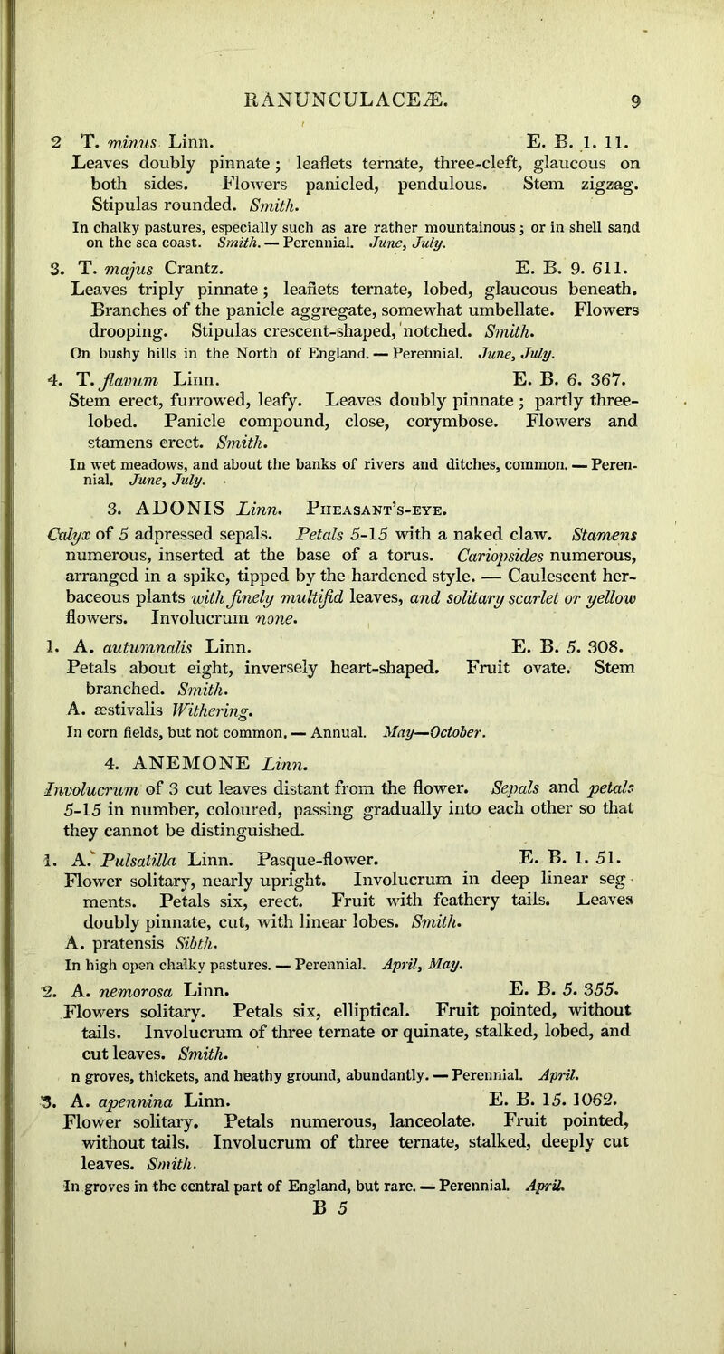 2 T. minus Linn. E. B. 1. 11. Leaves doubly pinnate; leaflets ternate, three-cleft, glaucous on both sides. Flowers panicled, pendulous. Stem zigzag. Stipulas rounded. Smith. In chalky pastures, especially such as are rather mountainous; or in shell sand on the sea coast. Smith. — Perennial. June, July. 3. T. majus Crantz. E. B. 9. 611. Leaves triply pinnate; leaflets ternate, lobed, glaucous beneath. Branches of the panicle aggregate, somewhat umbellate. Flowers drooping. Stipulas crescent-shaped, notched. Smith. On bushy hills in the North of England. — Perennial. June, July. 4. T. jiavum Linn. E. B. 6. 367. Stem erect, furrowed, leafy. Leaves doubly pinnate ; partly three- lobed. Panicle compound, close, corymbose. Flowers and stamens erect. Smith. In wet meadows, and about the banks of rivers and ditches, common. — Peren- nial. June, July. 3. ADONIS Linn. Pheasant’s-eye. Calyx of 5 adpressed sepals. Petals 5-15 with a naked claw. Stamens numerous, inserted at the base of a torus. Cariopsides numerous, arranged in a spike, tipped by the hardened style. — Caulescent her- baceous plants with finely multifid leaves, and solitary scarlet or yellow flowers. Involucrum none. 1. A. autumnalis Linn. E. B. 5. 308. Petals about eight, inversely heart-shaped. Fruit ovate. Stem branched. Smith. A. aestivalis Withering. In corn fields, but not common. — Annual. May—October. 4. ANEMONE Linn. Involucrum of 3 cut leaves distant from the flower. Sepals and petals 5-15 in number, coloured, passing gradually into each other so that they cannot be distinguished. 1. A? Pulsatilla Linn. Pasque-flower. E. B. 1.51. Flower solitary, nearly upright. Involucrum in deep linear seg ments. Petals six, erect. Fruit with feathery tails. Leaves doubly pinnate, cut, with linear lobes. Smith. A. pratensis Sibtli. In high open chalky pastures. — Perennial. April, May. 2. A. nemorosa Linn. E. B. 5. 355. Flowers solitary. Petals six, elliptical. Fruit pointed, without tails. Involucrum of three ternate or quinate, stalked, lobed, and cut leaves. Smith. n groves, thickets, and heathy ground, abundantly. — Perennial. April. '3. A. apennina Linn. E. B. 15. 1062. Flower solitary. Petals numerous, lanceolate. Fruit pointed, without tails. Involucrum of three ternate, stalked, deeply cut leaves. Smith. In groves in the central part of England, but rare. — Perennial. April.