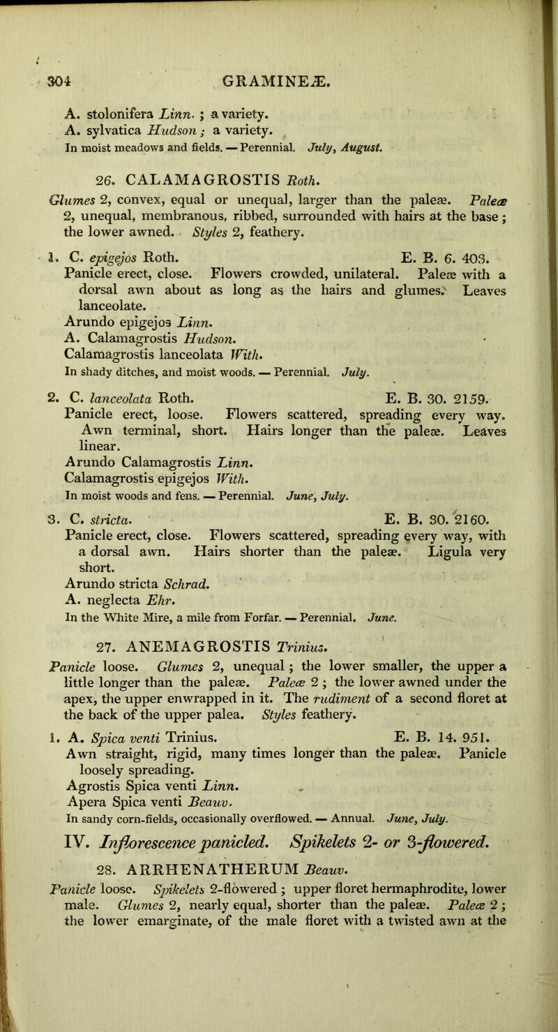 A. stolonifera Linn- ; a variety. A. sylvatica Hudson; a variety. In moist meadows and fields. — Perennial. July, August. 26. CALAMAGROSTIS Roth. Glumes 2, convex, equal or unequal, larger than the paleae. Paleae 2, unequal, membranous, ribbed, surrounded with hairs at the base; the lower awned. Styles 2, feathery. 1. C. epigejos Roth. E. B. 6. 403. Panicle erect, close. Flowers crowded, unilateral. Paleae with a dorsal awn about as long as the hairs and glumes. Leaves lanceolate. Arundo epigejos Linn. A. Calamagrostis Hudson. Calamagrostis lanceolata With. In shady ditches, and moist woods. — Perennial. July. 2. C. lanceolata Roth. E. B. 30. 2159. Panicle erect, loose. Flowers scattered, spreading every way. Awn terminal, short. Hairs longer than the paleze. Leaves linear. Arundo Calamagrostis Linn. Calamagrostis epigejos With. In moist woods and fens. — Perennial. June, July. 3. C. stricta. E. B. 30. 2160. Panicle erect, close. Flowers scattered, spreading every way, with a dorsal awn. Hairs shorter than the paleae. Ligula very short. Arundo stricta Schrad. A. neglecta Ehr. In the White Mire, a mile from Forfar. — Perennial. June. 27. ANEMAGROSTIS Trinius. Panicle loose. Glumes 2, unequal; the lower smaller, the upper a little longer than the paleae. Palece 2 ; the lower awned under the apex, the upper enwrapped in it. The rudiment of a second floret at the back of the upper palea. Styles feathery. 1. A. Spica venti Trinius. E. B. 14. 951. Awn straight, rigid, many times longer than the paleae. Panicle loosely spreading. Agrostis Spica venti Linn. Apera Spica venti Beauv. In sandy corn-fields, occasionally overflowed. — Annual. June, July. IV. Inflorescence panicled. Spikelets 2- or 3-flowered. 28. ARRHENATHERUM Beauv. Panicle loose. Spikelets 2-flowered ; upper floret hermaphrodite, lower male. Glumes 2, nearly equal, shorter than the paleae. Paleae 2 ; the lower emarginate, of the male floret with a twisted awn at the