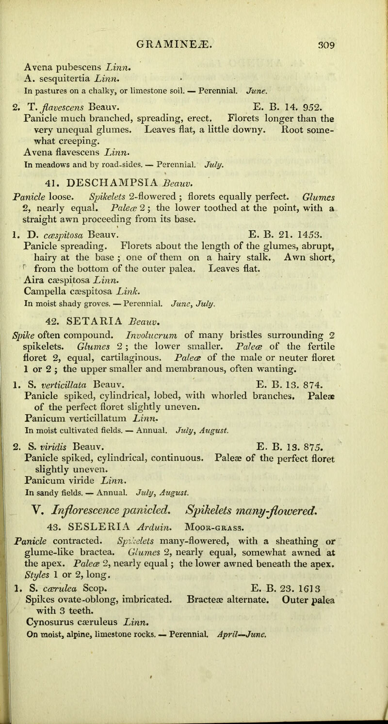 Avena pubescens Linn. A. sesquitertia Linn. In pastures on a chalky, or limestone soil. — Perennial. June. 2. T. Jlavescens Beauv. E. B. 14. 952. Panicle much branched, spreading, erect. Florets longer than the very unequal glumes. Leaves flat, a little downy. Root some- what creeping. Avena flavescens Linn. In meadows and by road-sides. — Perennial. July. 41. DESCHAMPSIA Beauv. Panicle loose. Spikelets 2-flowered ; florets equally perfect. Glumes 2, nearly equal. Palece 2 ; the lower toothed at the point, with a straight awn proceeding from its base. 1. D. ccespitosa Beauv. E. B. 21. 1453. Panicle spreading. Florets about the length of the glumes, abrupt, hairy at the base ; one of them on a hairy stalk. Awn short, r from the bottom of the outer palea. Leaves flat. Aira caespitosa Linn. Campella caespitosa Link. In moist shady groves. — Perennial. June, July. 42. SET ARIA Beauv. Spike often compound. Lnvolucrum of many bristles surrounding 2 spikelets. Glumes 2; the lower smaller. Palece of the fertile floret 2, equal, cartilaginous. Palece of the male or neuter floret 1 or 2; the upper smaller and membranous, often wanting. 1. S. verticillata Beauv. E. B. 13. 874. Panicle spiked, cylindrical, lobed, with whorled branches. Paleac of the perfect floret slightly uneven. Panicum verticillatum Linn. In moist cultivated fields. — Annual. July, August. 2. S. viridis Beauv. E. B. 13. 875. Panicle spiked, cylindrical, continuous. Palea; of the perfect floret slightly uneven. Panicum viride Linn. In sandy fields. — Annual. July, August. V. Inflorescence panicled. Spikelets many flowered. 43. SESLERIA Arduin. Moor-grass. Panicle contracted. Spikelets many-flowered, with a sheathing or glume-like bractea. Glumes 2, nearly equal, somewhat awned at the apex. Palece 2, nearly equal; the lower awned beneath the apex. Styles 1 or 2, long. 1. S. ccerulea Scop. E. B. 23. 1613 Spikes ovate-oblong, imbricated. Bractea; alternate. Outer palea with 3 teeth. Cynosurus ceeruleus Linn. On moist, alpine, limestone rocks. — Perennial. April—June.