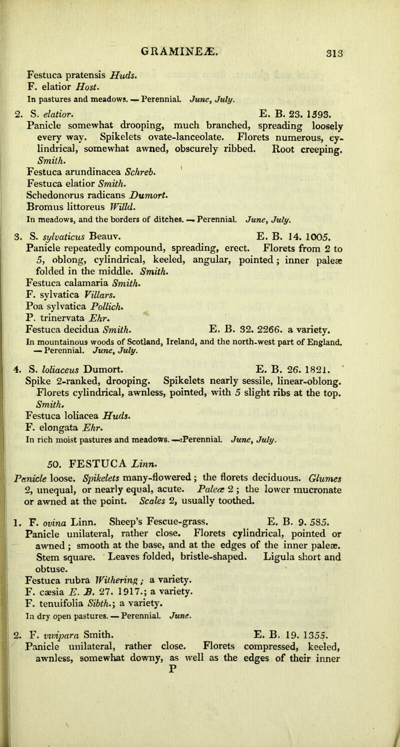 Festuca pratensis Huds. F. elatior Host. In pastures and meadows. — Perennial. June, July. 2. S. elatior. E. B. 23. 1593. Panicle somewhat drooping, much branched, spreading loosely every way. Spikelets ovate-lanceolate. Florets numerous, cy- lindrical, somewhat awned, obscurely ribbed. Root creeping. Smith. Festuca arundinacea Schreb. ' Festuca elatior Smith. Schedonorus radicans Dumort. Bromus littoreus Willd. In meadows, and the borders of ditches. — Perennial. June, July. i 3. S. sylvaticus Beauv. E. B. 14. 1005. Panicle repeatedly compound, spreading, erect. Florets from 2 to 5, oblong, cylindrical, keeled, angular, pointed; inner paleae folded in the middle. Smith. Festuca calamaria Smith. F. sylvatica Villars. Poa sylvatica Pollich. P. trinervata Ehr. Festuca decidua Smith. E. B. 32. 2266. a variety. In mountainous woods of Scotland, Ireland, and the north-west part of England. — Perennial. June, July. 4. S. loliaceus Dumort. E. B. 26. 1821. Spike 2-ranked, drooping. Spikelets nearly sessile, linear-oblong. Florets cylindrical, awnless, pointed, with 5 slight ribs at the top. Smith. Festuca loliacea Huds. F. elongata Ehr. In rich moist pastures and meadows. —jPerennial. June, July. 50. FESTUCA Linn. Panicle loose. Spikelets many-flowered; the florets deciduous. Glumes 2, unequal, or nearly equal, acute. Paleae 2 ; the lower mucronate or awned at the point. Scales 2, usually toothed. 1. F. ovina Linn. Sheep’s Fescue-grass. E. B. 9. 585. Panicle unilateral, rather close. Florets cylindrical, pointed or awned ; smooth at the base, and at the edges of the inner paleae. Stem square. Leaves folded, bristle-shaped. Ligula short and obtuse. Festuca rubra Withering; a variety. F. caesia E. B. 27. 1917.; a variety. F. tenuifolia Sibth.; a variety. In dry open pastures. —. Perennial. June. I 2. F. mvipara Smith. E. B. 19. 1355. I Panicle unilateral, rather close. Florets compressed, keeled, awnless, somewhat downy, as well as the edges of their inner P /