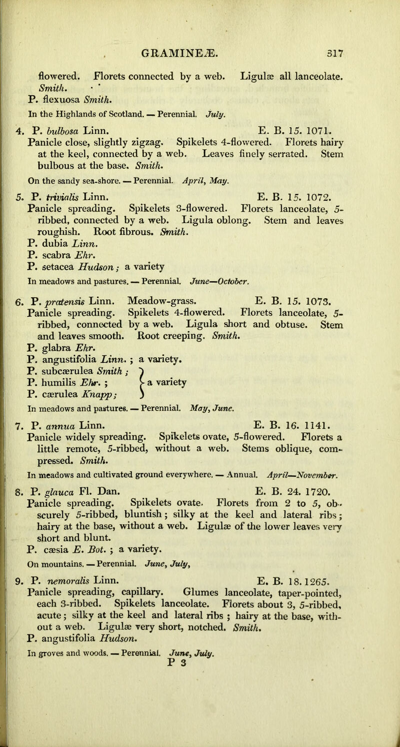flowered. Florets connected by a web. Ligulse all lanceolate. Smith. P. flexuosa Smith. In the Highlands of Scotland. — Perennial. July. 4. P. bulbosa Linn. E. B. 15. 1071. Panicle close, slightly zigzag. Spikelets 4-flowered. Florets hairy at the keel, connected by a web. Leaves finely serrated. Stem bulbous at the base. Smith. On the sandy sea-shore. — Perennial. April, May. 5. P. trivialis Linn. E. B. 15. 1072. Panicle spreading. Spikelets 3-flowered. Florets lanceolate, 5- ribbed, connected by a web. Ligula oblong. Stem and leaves roughish. Root fibrous. Smith. P. dubia Linn. P. scabra Ehr. P. setacea Hudson; a variety In meadows and pastures. — Perennial. June—October. 6. P. pratensis Linn. Meadow-grass. E. B. 15. 1073. Panicle spreading. Spikelets 4-flowered. Florets lanceolate, 5- ribbed, connected by a web. Ligula short and obtuse. Stem and leaves smooth. Root creeping. Smith. P. glabra Ehr. P. angustifolia Linn. ; a variety. P. subeserulea Smith ; 4 P. humilis Ehr. ; > a variety P. cserulea Knapp; ) In meadows and pastures. — Perennial. May, June. 7. P. annua Linn. E. B. 16. 1141. Panicle widely spreading. Spikelets ovate, 5-flowered. Florets a little remote, 5-ribbed, without a web. Stems oblique, com- pressed. Smith. In meadows and cultivated ground everywhere. — Annual. April—November. 8. P. glauca FI. Dan. E. B. 24. 1720. Panicle spreading. Spikelets ovate. Florets from 2 to 5, ob - scurely 5-ribbed, bluntish; silky at the keel and lateral ribs; hairy at the base, without a web. Ligulse of the lower leaves very short and blunt. P. csesia E. Bot. ; a variety. On mountains. — Perennial. June, July, 9. P. nemoralis Linn. E. B. 18.1265. Panicle spreading, capillary. Glumes lanceolate, taper-pointed, each 3-ribbed. Spikelets lanceolate. Florets about 3, 5-ribbed, acute; silky at the keel and lateral ribs ; hairy at the base, with- out a web. Ligulse very short, notched. Smith. P. angustifolia Hudson. In groves and woods. — Perennial. June, July.