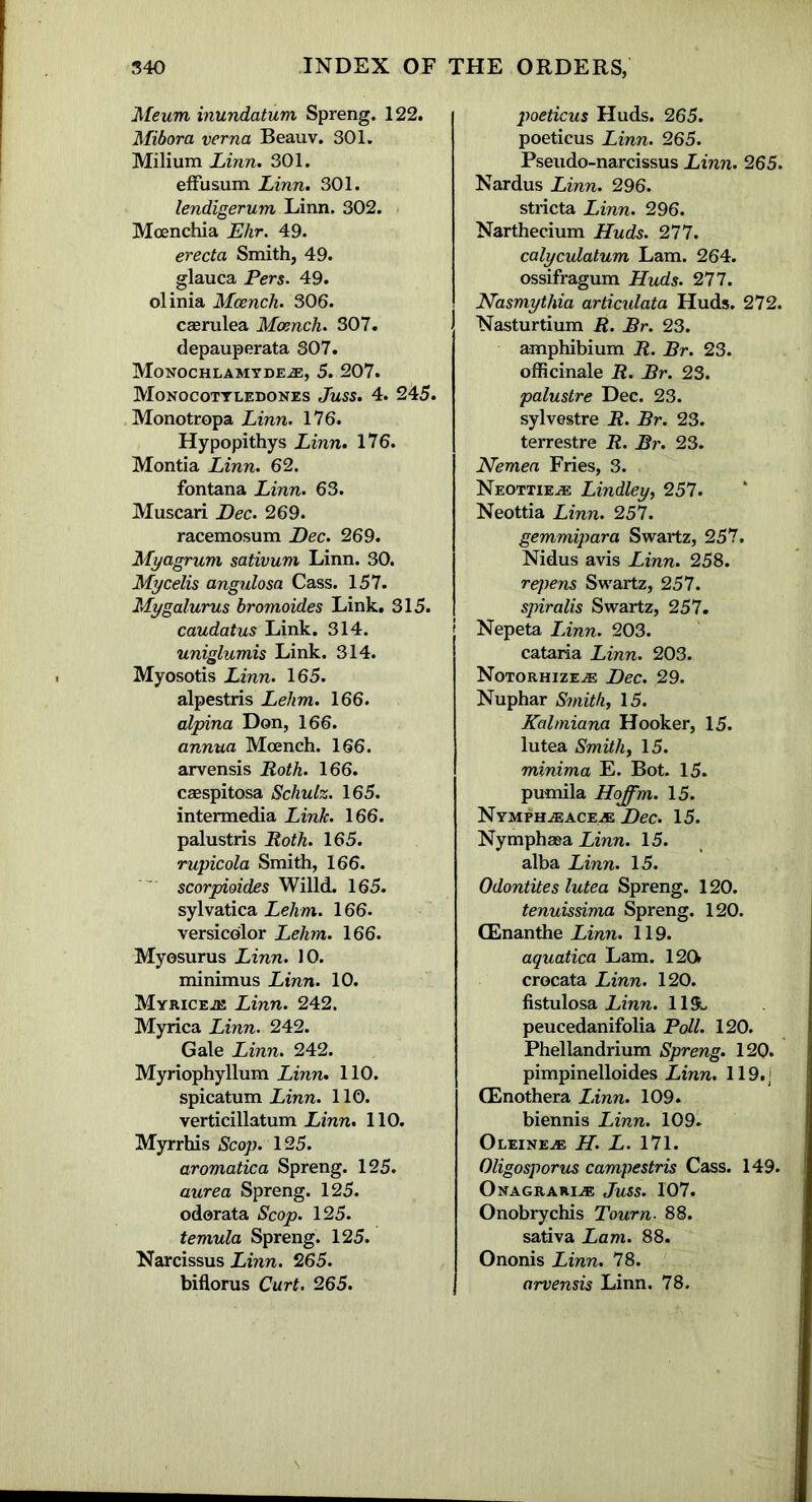 Meum inundatum Spreng. 122. Mibora verna Beauv. 301. Milium Linn. 301. effusum Linn. 301. lendigerum Linn. 302. Mcenchia Ehr. 49. erecta Smith, 49. glauca Pers. 49. olinia Mcench. 306. caerulea Moench. 307. depauperata 307. Monochlamyde.®, 5. 207. Monocotyledones Juss. 4. 245. Monotropa Linn. 176. Hypopithys Linn. 176. Montia Linn. 62. fontana Linn. 63. Muscari Dec. 269. racemosum Dec. 269. Myagrum sativum Linn. 30. Mycelis angulosa Cass. 157. Mygalurus bromoides Link. 315. caudatus Link. 314. uniglumis Link. 314. Myosotis Linn. 165. alpestris Lehm. 166. alpina Don, 166. annua Mcench. 166. arvensis Roth. 166. caespitosa Schulz. 165. intermedia Link. 166. palustris Roth. 165. rupicola Smith, 166. scorpioides Willd. 165. sylvatica Lelim. 166. versicolor Lehm. 166. Myosurus Linn. 10. minimus Linn. 10. MYRiCEiE Linn. 242. Myrica Linn. 242. Gale Linn. 242. Myriophyllum Linn. 110. spicatum Linn. 110. verticillatum Linn. 110. Myrrhis Scop. 125. aromatic a Spreng. 125. aurea Spreng. 125. odorata Scop. 125. temula Spreng. 125. Narcissus Linn. 265. poeticus Huds. 265. poeticus Linn. 265. Pseudo-narcissus Linn. 265. Nardus Linn. 296. stricta Linn. 296. Narthecium Huds. 277. calyculatum Lam. 264. ossifragum Huds. 277. Nasmythia articidata Huds. 272. Nasturtium R. Rr. 23. amphibium R. Rr. 23. officinale R. Rr. 23. palustre Dec. 23. sylvestre R. Rr. 23. terrestre R. Rr. 23. Nemea Fries, 3. Neottie^e Lindley, 257. Neottia Linn. 257. gemmipara Swartz, 257. Nidus avis Linn. 258. repens Swartz, 257. spiralis Swartz, 257. Nepeta Linn. 203. cataria Linn. 203. Notorhize-e Dec. 29. Nuphar Smith, 15. Kalmiana Hooker, 15. lutea Smith, 15. minima E. Bot. 15. pumila Hoffm. 15. Nymph ^EACEyE Dec. 15. Nymphsea Linn. 15. alba Linn. 15. Odontites lutea Spreng. 120. tenuissima Spreng. 120. (Enanthe Linn. 119. aquatica Lam. 120» crocata Linn. 120. fistulosa Linn. 119- peucedanifolia Poll. 120. Phellandrium Spreng. 120. pimpinelloides Linn. 119.J CEnothera L.inn. 109. biennis Linn. 109. Oleine-e H. L. 171. Oligosporus campestris Cass. 149. Onagrari.® Juss. 107. Onobrychis Tourn. 88. sativa Lam. 88. Ononis Linn. 78.
