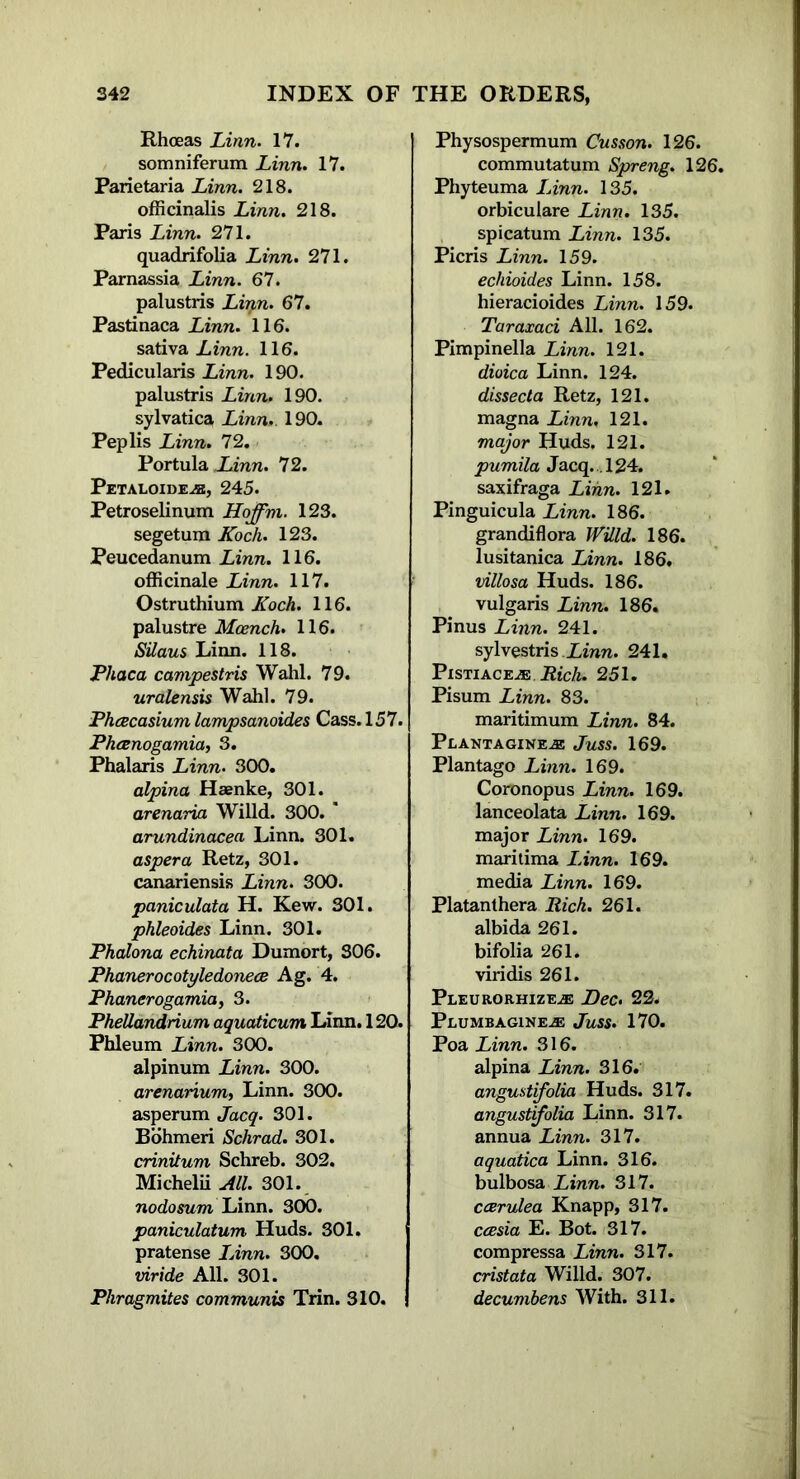 Rhoeas Linn. 17. somniferum Linn. 17. Parietaria Linn. 218. officinalis Linn. 218. Paris Linn. 271. quadrifolia Linn. 271. Parnassia Linn. 67. palustris Lirf,n. 67. Pastinaca Linn. 116. sativa Linn. 116. Pedicularis Linn. 190. palustris Linn, 190. sylvatica Linn, 190. Peplis Linn. 72. Portula Linn. 72. Petaloide^b, 245. Petroselinum Hoffm. 123. segetum Koch. 123. Peucedanum Linn. 116. officinale Linn. 117. Ostruthium Koch. 116. palustre Mcench. 116. Silaus Linn. 118. Phaca campestris Wahl. 79. uralensis Wahl. 79. Phcecasium lampsanoides Cass. 157. Phcenogamia, 3. Phalaris Linn. 300. alpina Haenke, 301. arenaria Willd. 300. ’ arundinacea Linn. 301. aspera Retz, 301. canariensis Linn. 300. paniculata H. Kew. 301. phleoides Linn. 301. Phalona echinata Dumort, 306. Phanerocotyledonece Ag. 4. Phanerogamia, 3. Phellandrium aquaticum Linn. 120. Phleum Linn. 300. alpinum Linn. 300. arenarium, Linn. 300. asperum Jacq. 301. Bohmeri Schrad. 301. crinitum Schreb. 302. Michelii All. 301. nodosum Linn. 300. paniculatum Huds. 301. pratense Linn. 300. viride All. 301. Phragmites communis Trin. 310. Physospermum Cusson. 126. commutatum Spreng. 126. Phyteuma Linn. 135. orbiculare Linn. 135. spicatum Linn. 135. Picris Linn. 159. echioides Linn. 158. hieracioides Linn. 159. Taraxaci All. 162. Pimpinella Linn. 121. dioica Linn. 124. dissect a Retz, 121. magna Linn, 121. major Huds. 121. pumila Jacq. .124, saxifraga Linn. 121. Pinguicula Linn. 186. grandiflora Willd. 186. lusitanica Linn. 186. villosa Huds. 186. vulgaris Linn. 186. Pinus Linn. 241. sylvestris Linn. 241. PistiaceuE. Rich. 251. Pisum Linn. 83. maritimum Linn. 84. Plantagine,® Juss. 169. Plantago Linn. 169. Coronopus Linn. 169. lanceolata Linn. 169. major Linn. 169. maritima Linn. 169. media Linn. 169. Platanthera Rich. 261. albida 261. bifolia 261. viridis 261. Pleurorhize^s Dec. 22. Plumbagine^e Juss. 170. Poa Linn. 316. alpina Linn. 316. angustifolia Huds. 317. angustlfolia Linn. 317. annua Linn. 317. aquatica Linn. 316. bulbosa Linn. 317. ccerulea Knapp, 317. ccesia E. Bot. 317. compressa Linn. 317. cristata Willd. 307. decumbens With. 311.