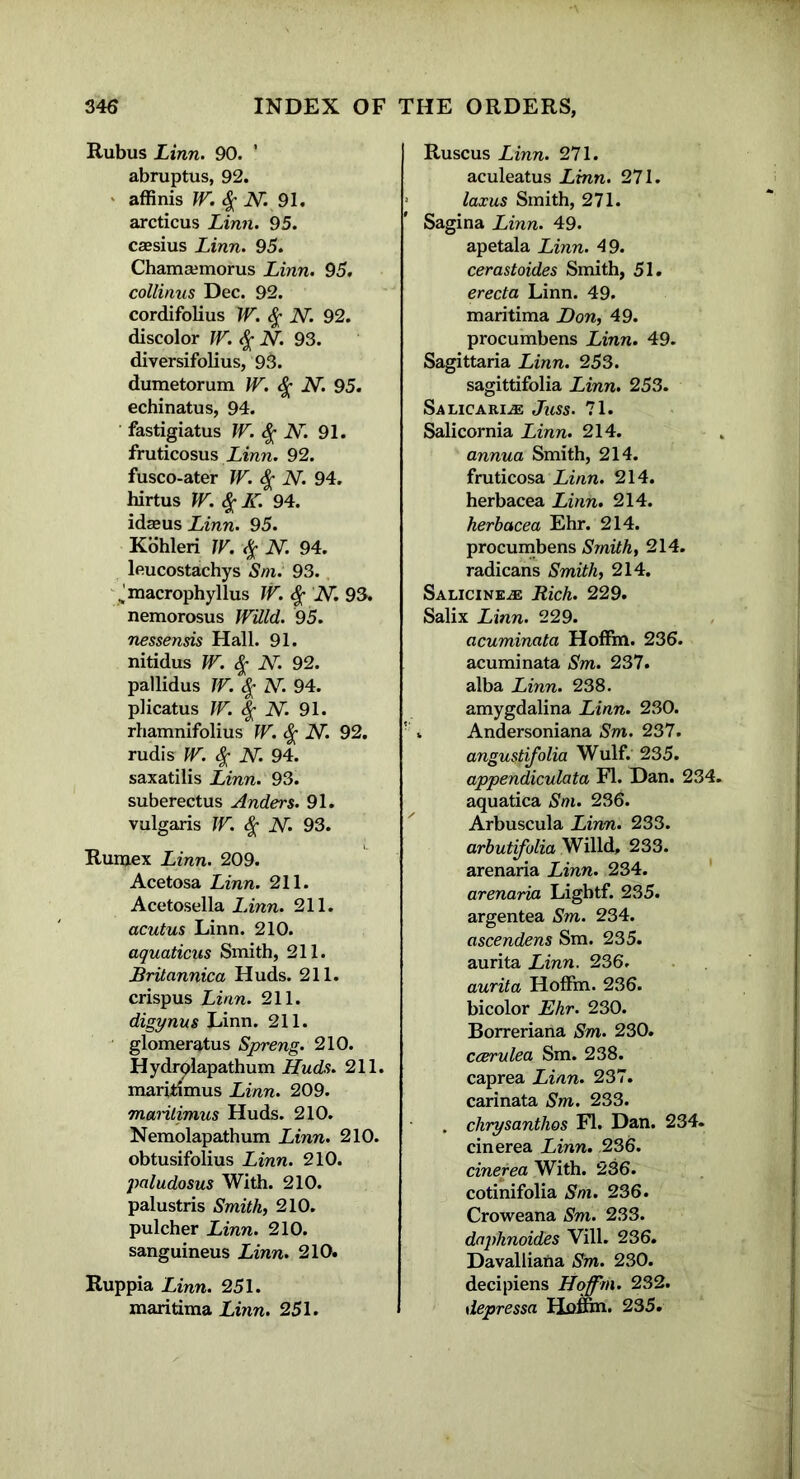 Rubus Linn. 90. ’ abruptus, 92. affinis W. $ M 91. arcticus Linn. 95. caesius Linn. 95. Chama;morus Linn. 95. collinus Dec. 92. cordifolius W. # N. 92. discolor IV. <% N. 93. diversifolius, 93. dumetorum W. N. 95. echinatus, 94. fastigiatus W. <$• N. 91. fruticosus Linn. 92. fusco-ater W. N. 94. hirtus W. # K. 94. idaeus Linn. 95. Kohleri IV. $ N. 94. leucostachys Sm. 93. ,’macrophyllus W. <$; TV. 93. nemorosus Willd. 95. nessensis Hall. 91. nitidus W. 2V. 92. pallidus W. fy N. 94. plicatus W. N. 91. rhamnifolius W. <% N. 92. rudis W. % N. 94. saxatilis Linn. 93. suberectus Anders. 91. vulgaris W. N. 93. Ruruex Linn. 209. Acetosa Linn. 211. Acetosella Linn. 211. acutus Linn. 210. aquations Smith, 211. Brilannica Huds. 211. crispus Linn. 211. digynus Linn. 211. glomeratus Spreng. 210. Hydrplapathum Huds. 211. maritimus Linn. 209. marilimus Huds. 210. Nemolapathum Linn. 210. obtusifolius Linn. 210. paludosus With. 210. palustris Smith, 210. pulcher Linn. 210. sanguineus Linn. 210. Ruppia Linn. 251. maritima Linn. 251. Ruscus Linn. 271. aculeatus Linn. 271. laxus Smith, 271. Sagina Linn. 49. apetala Linn. 49. cerastoides Smith, 51. erecta Linn. 49. maritima Don, 49. procumbens Linn. 49. Sagittaria Linn. 253. sagittifolia Linn. 253. Salicari^: Juss. 71. Salicornia Linn. 214. annua Smith, 214. fruticosa Linn. 214. herbacea Linn. 214. herbacea Ehr. 214. procumbens Smith, 214. radicans Smith, 214. Salicine^e Rich. 229. Salix Linn. 229. acuminata Hoffin. 236. acuminata Sm. 237. alba Linn. 238. amygdalina Linn. 230. Andersoniana Sm. 237. angustifolia Wulf. 235. appendiculata FI. Dan. 234. aquatica Sm. 236. Arbuscula Linn. 233. arbutifolia Willd, 233. arenaria Linn. 234. arenaria Ligbtf. 235. argentea Sm. 234. ascendens Sm. 235. aurita Linn. 236. aurita Hoffm. 236. bicolor Ehr. 230. Borreriana Sm. 230. ccerulea Sm. 238. caprea Linn. 237. carinata Sm. 233. . chrysanthos FI. Dan. 234. cinerea Linn. 236. cinerea With. 236. cotinifolia Sm. 236. Croweana Sm. 233. daphnoides Vill. 236. Davalliana Sm. 230. decipiens Hoffm. 232. depressa Hoffin• 235.