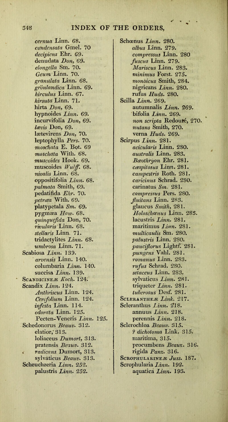 cemua Linn. 68. condensata Gmel. 70 decipiens Ehr. 69. denudata Don, 69. elongella Sm. 70. Geum Linn. 70. granulata Linn. 68. gronlandica Linn. 69. hirculus Linn. 67. hirsuta Linn. 71. hirta Don, 69. hypnoides Linn. 69. incurvifolia Don, 69. Icevis Don, 69. lsetevirens Don, 70. leptophylla Pers. 70. mosdiata E. Bot. 69 moschata With. 68. muscoides Hook. 69. muscoides Wulff'. 68. nivalis Linn. 68. oppositifolia Linn. 68. palmata Smith, 69. pedatifida Ehr. 70. petrcea With. 69. platypetala Sm. 69. pygmaea Haw. 68. quinquejida Don, 70. rwularis Linn. 68. stellaris Linn. 71. tridactylites Linn. 68. umbrosa Linn. 71. Scabiosa Linn. 139. arvensis Linn. 140. columbaria Linn. 140. succisa Linn. 139. ScandicineuE Koch. 124. Scandix Linn. 124. Antliriscus Linn. 124. Cercfolium Linn. L24. infesta Linn. 114. odorata Linn. 125. Pecten-Veneris Linn. 125. Schedonorus Beauv. 312. elatior,' 313. loliaceus Dumort, 313. pratensis Beauv. 312. <- radicans. Dumort, 313. sylvaticus Beauv. 313. Scheuchzeria Linn. 252. palustris Linn. 252. Schoenus Linn. 280. albus Linn. 279. compressus Linn. 280 fuscus Linn. 279. Mariscus Linn. 283. minimus Forst. 275. monoicus Smith, 284. nigricans Linn. 280. rufus Huds. 280. Scilla Linn. 269. autumnalis Linn. 269. bifolia Linn. 269. non scripta Redout, 270. nutans Smith, 270. verna Huds. 269. Scirpus Linn. 281. acicularis Linn. 280. australis Linn. 283. Bceothryon Ehr. 281. ccespitosus Linn. 281. canipestris Roth. 281. caricinus Schrad. 280. carinatus Sm. 281. compressus Pers. 280. jiuitans Linn. 283. glaucus Smith, 281. Holosclicenus Linn. 283. lacustris Linn. 281. maritimus I.inn. 281. multicaulis Sm. 280. palustris Linn. 280. pauciflorus Lightf. 281. pungens Vahl. 281. romanus Linn. 283. rufus Schrad. 280. selaceus Linn. 283. sylvaticus Linn. 281. triqueter Linn. 281. tuberosus Desf. 281. Sclera nth eje Link. 217. Scleranthus Linn. 218. annuus Linn. 218. perennis Linn. 218. Sclerochloa Beauv. 315. ? dichotoma Link. 315. maritima, 315. procumbens Beaut. 316. rigida Panz. 316. ScROPHULARINE-ZE JuSS. 187. Scrophularia Linn. 192. aquatica Linn. 193.