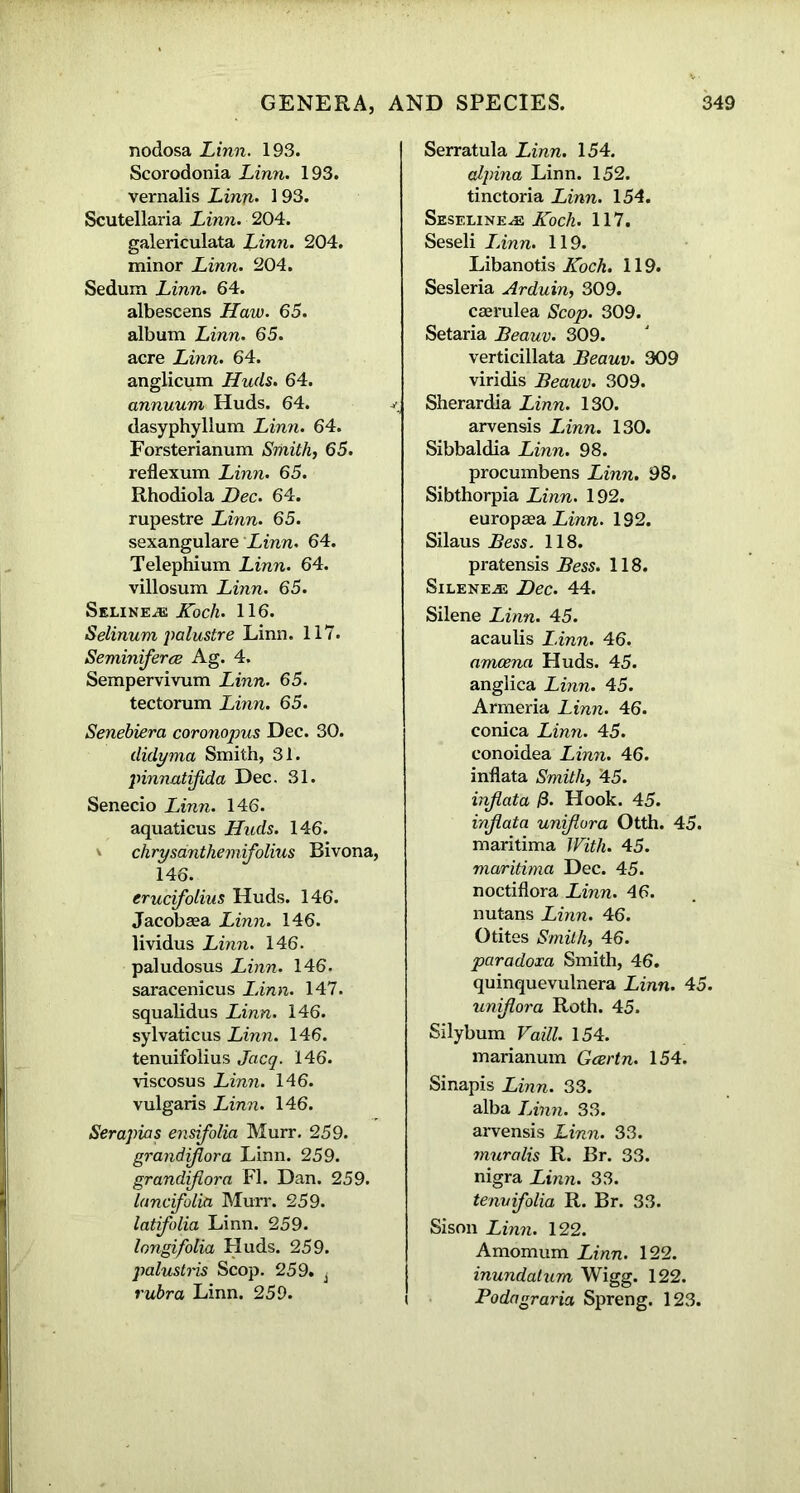 nodosa Linn. 193. Scorodonia Linn. 193. vernalis Linn. 193. Scutellaria Linn. 204. galericulata Linn. 204. minor Linn. 204. Sedum Linn. 64. albescens Haw. 65. album Linn. 65. acre Linn. 64. anglicum Hucls. 64. annuurn Huds. 64. dasyphyllum Linn. 64. Forsterianum Smith, 65. reflexum Linn. 65. Rhodiola Dec. 64. rupestre Linn. 65. sexangulare Linn. 64. Telephium Linn. 64. villosum Linn. 65. Selinejb. Koch. 116. Selinum palustre Linn. 117. Seminiferce Ag. 4. Sempervivum Linn. 65. tectorum Linn. 65. Senebiera coronopus Dec. 30. didyma Smith, 31. pinnatifida Dec. 31. Senecio Linn. 146. aquaticus Huds. 146. v chrysdnthemifolius Bivona, 146. erucifolius Huds. 146. Jacobsea Linn. 146. lividus Linn. 146. paludosus Linn. 146. saracenicus Linn. 147. squalidus Linn. 146. sylvaticus Linn. 146. tenuifolius Jacq. 146. viscosus Linn. 146. vulgaris Linn. 146. Serapias ensifolia Murr. 259. grandiflora Linn. 259. grandijiora FI. Dan. 259. lancifolia Murr. 259. latifolia Linn. 259. longifolia Huds. 259. palustiis Scop. 259. j rubra Linn. 259. Serratula Linn. 154. alpina Linn. 152. tinctoria Linn. 154. Seseline^e Koch. 117. Seseli I Ann. 119. Libanotis Koch. 119. Sesleria Arduin, 309. caerulea Scop. 309. Setaria Beauv. 309. verticillata Beauv. 309 viridis Beauv. 309. Sherardia Linn. 130. arvensis LAnn. 130. Sibbaldia Linn. 98. procumbens Linn. 98. Sibthorpia Linn. 192. europaea Linn. 192. Silaus Bess. 118. pratensis Bess. 118. Silene^e Dec. 44. Silene Linn. 45. acaulis Linn. 46. amcena Huds. 45. anglica Linn. 45. Armeria Linn. 46. conica Linn. 45. conoidea Linn. 46. inflata Smith, '45. inflata j3. Hook. 45. injtata uniflora Otth. 45. maritima With. 45. maritima Dec. 45. noctiflora Linn. 46. nutans Linn. 46. Otites Smith, 46. paradoxa Smith, 46. quinquevulnera Linn. 45. uniflora Roth. 45. Silybum Vaill. 154. marianum Gcertn. 154. Sinapis Linn. 33. alba Linn. 33. arvensis Linn. 33. muralis R. Br. 33. nigra Linn. 33. tenvifolia R. Br. 33. Sison Linn. 122. Amomum Linn. 122. inundatum Wigg. 122. Podagraria Spreng. 123.