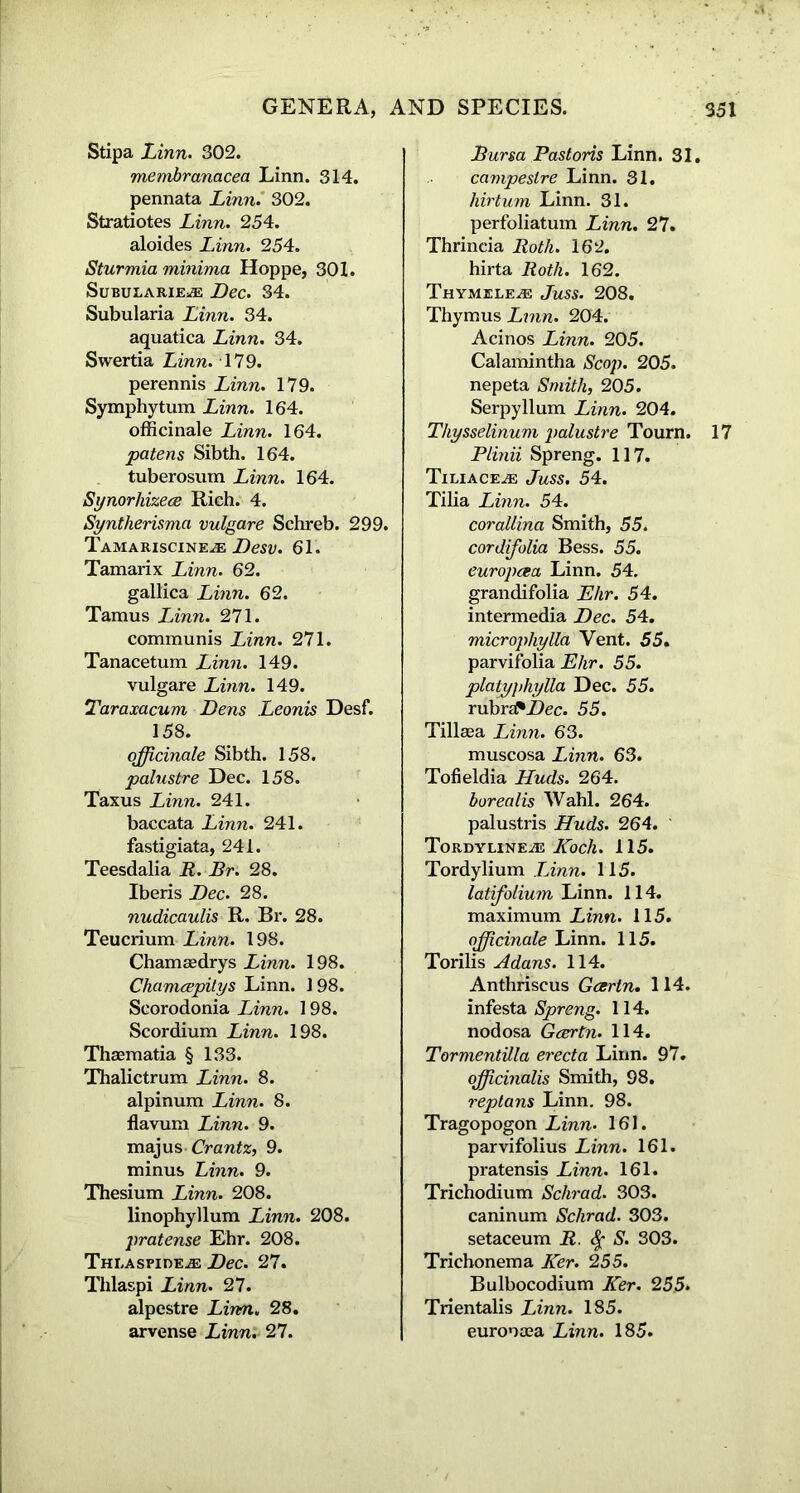 Stipa Linn. 302. membranacea Linn. 314. pennata Linn. 302. Stratiotes Linn. 254. aloides Linn. 254. Sturmia minima Hoppe, 301. SuBULARIEi® Dec. 34. Subularia Linn. 34. aquatica Linn. 34. Swertia Linn. 179. perennis Linn. 179. Symphytum Linn. 164. officinale Linn. 164. patens Sibth. 164. tuberosum Linn. 164. Synorhizece Rich. 4. Syntherisma vulgare Schreb. 299. Tamariscine.® Desv. 61. Tamarix Linn. 62. gallica Linn. 62. Tamus Linn. 271. communis Linn. 271. Tanacetum Linn. 149. vulgare Linn. 149. Taraxacum Dens Leonis Desf. 158. officinale Sibth. 158. palustre Dec. 158. Taxus Linn. 241. baccata Linn. 241. fastigiata, 241. Teesdalia R. Br. 28. Iberis Dec. 28. nudicaulis R. Br. 28. Teucrium Linn. 198. Chamaedrys Linn. 198. Chamcepitys Linn. 1 98. Scorodonia Linn. 198. Scordium Linn. 198. Thaematia § 133. Thalictrum Linn. 8. alpinum Linn. 8. flavum Linn. 9. majus Crantz, 9. minus Linn. 9. Thesium Linn. 208. linophyllum Linn. 208. pratense Ehr. 208. Thlaspioe.® Dec. 27. Thlaspi Linn. 27. alpestre Lirm. 28. arvense Linn. 27. Bursa Pastoris Linn. 31. campeslre Linn. 31. hirtum Linn. 31. perfoliatum Linn. 27. Thrincia Roth. 162. hirta Roth. 162. Thymele.® Juss. 208. Thymus Lmn. 204. Acinos Linn. 205. Calamintha Scop. 205. nepeta Smith, 205. Serpyllum Linn. 204. Thysselinum palustre Tourn. 17 Plinii Spreng. 117. Tiliace.® Juss. 54. Tilia Linn. 54. corallina Smith, 55. cordifolia Bess. 55. europcea Linn. 54. grandifolia Ehr. 54. intermedia Dec. 54. microphylla Vent. 55. parvifolia Ehr. 55. platyphylla Dec. 55. rubr&Dec. 55. Tillaea Linn. 63. muscosa Linn. 63. Tofieldia Duds. 264. borealis Wahl. 264. palustris Duds. 264. Tordyune.® Koch. 115. Tordylium LAnn. 115. latifolium Linn. 114. maximum Linn. 115. officinale Linn. 115. Torilis Adans. 114. Anthriscus Gcertn. 114. infesta Spreng. 114. nodosa Gcertn. 114. Tormentilla erect a Linn. 97. officinalis Smith, 98. replans Linn. 98. Tragopogon Linn. 161. parvifolius Linn. 161. pratensis Linn. 161. Trichodium Schrad. 303. caninum Schrad. 303. setaceum R. S. 303. Trichonema Ker. 255. Bulbocodium Ker. 255* Trientalis Linn. 185. euroncea Linn. 185.