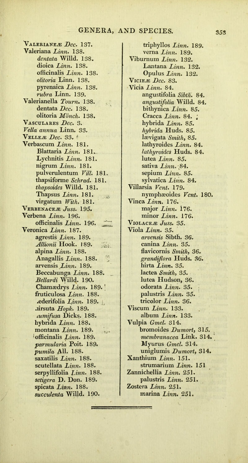 Valerians.® Bee. 137. Valeriana Linn. 138. dentata Willd. 138. dioica Linn. 138. officinalis Linn. 138. olitoria Linn. 138. pyrenaica Linn. 138. rubra Linn. 139. Valerianella Toum. 138. dentata Dec. 138. olitoria Munch. 138. Vasculares Bee. 3. Vella annua Linn. 33. Velle^e Bee. 33. i Verbascum Linn. 181. Blattaria Linn. 181.. Lychnitis Linn. 181. nigrum Linn. 181. pulverulentum Fill. 181. thapsiforme Schrad. 181. thapsoides Willd. 181. Thapsus Linn. 181. ^ virgatum With. 181. Verbenace.® Juss. 195. Verbena Linn. 196. officinalis Linn. 196. .^Z; Veronica Linn. 187. agrestis Linn. 189. Allionii Hook. 189. alpina Linn. 188. Anagallis Linn. 188. ^ arvensis Linn. 189. Beccabunga Linn. 188. Bellardi Willd. 190. Chamaedrys Linn. 189. ’ fruticulosa Linn. 188. .ederifolia Linn. 189. ; .lirsuta Hopk. 189. iumifusa Dicks. 188. bybrida Linn. 188. montana Linn. 189. 1 officinalis Linn. 189. parmularia Poit. 189. pumila AH* 188. saxatilis Linn. 188. scutellata Linn. 188. serpyllifolia Linn. 188. setigera D. Don. 189. spicata Lmn. 188. succulent a Willd. 190. triphyllos Linn. 189. verna Linn. 189. Viburnum Linn. 132. Lantana Linn. 132. Opulus Linn. 132. Vicie^e Bee. 83. Vicia Linn. 84. angustifolia Sibth. 84. angustifolia Willd. 84. bithynica Linn. 85. Cracca Linn. 84. ' hybrida Linn. 85. hybrida Huds. 85. lasvigata Smith, 85. lathyroides Linn. 84. lathyroides Huds. 84. lutea Linn. 85. sativa Linn. .84. sepium Linn. 85. sylvatica Linn. 84. Villarsia Vent. 179. nymphaeoides Vent. 180. Vinca Linn. 176. major Linn. 176. minor Linn. 176. VlOLACEiE JuSS. 35. Viola Linn. 35. arvensis Sibth. 36. canina Linn. 35. flavicornis Smith, 36. grandiflora Huds. 36. hirta Linn. 35. lactea Smith, 35. lutea Hudson, 36. odorata Linn. 35. palustris Linn. 35. tricolor Linn. 36. Viscum Linn. 133. album Linn. 133. Vulpia Gmel. 314, bromoides Bumort, 315. membranacea Link. 314. Myurus Gmel. 314. uniglumis Bumort, 314. Xanthium Linn. 151. strumarium Linn. 151 Zannichellia Linn. 251. palustris Linn. 251. Zostera Linn. 251. marina Linn. 251.