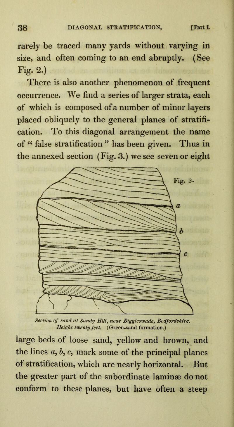 rarely be traced many yards without varying in size, and often coming to an end abruptly. (See Fig. 2.) There is also another phenomenon of frequent occurrence. We find a series of larger strata, each of which is composed of a number of minor layers placed obliquely to the general planes of stratifi- cation. To this diagonal arrangement the name of “ false stratification ” has been given. Thus in the annexed section (Fig. 3.) we see seven or eight large beds of loose sand, yellow and brown, and the lines a, 6, c, mark some of the principal planes of stratification, which are nearly horizontal. But the greater part of the subordinate laminae do not conform to these planes, but have often a steep