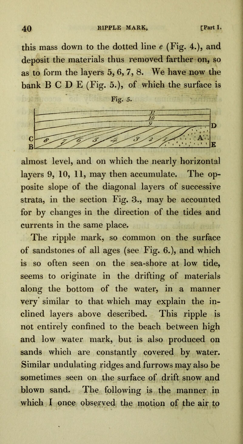 this mass down to the dotted line e (Fig. 4.), and deposit the materials thus removed farther on, so as to form the layers 5, 6, 7, 8. We have now the bank B C D E (Fig. 5.), of which the surface is Fig. 5. almost level, and on which the nearly horizontal layers 9, 10, 11, may then accumulate. The op- posite slope of the diagonal layers of successive strata, in the section Fig. 3., may be accounted for by changes in the direction of the tides and currents in the same place. The ripple mark, so common on the surface of sandstones of all ages (see Fig. 6.), and which is so often seen on the sea-shore at low tide, seems to originate in the drifting of materials along the bottom of the water, in a manner very’ similar to that which may explain the in- clined layers above described. This ripple is not entirely confined to the beach between high and low water mark, but is also produced on sands which are constantly covered by water. Similar undulating ridges and furrows may also be sometimes seen on the surface of drift snow and blown sand. The following is the manner in which I once observed the motion of the air to