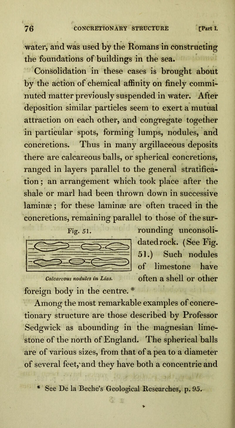 water, and was used by the Romans in constructing the foundations of buildings in the sea. Consolidation in these cases is brought about by the action of chemical affinity on finely commi- nuted matter previously suspended in water. After deposition similar particles seem to exert a mutual attraction on each other, and congregate together in particular spots, forming lumps, nodules, and concretions. Thus in many argillaceous deposits there are calcareous balls, or spherical concretions, ranged in layers parallel to the general stratifica- tion ; an arrangement which took place after the shale or marl had been thrown down in successive laminae; for these laminae are often traced in the concretions, remaining parallel to those of the sur- rounding unconsoli- dated rock. (See Fig. 51.) Such nodules of limestone have often a shell or other foreign body in the centre. * Among the most remarkable examples of concre- tionary structure are those described by Professor Sedgwick as abounding in the magnesian lime- stone of the north of England. The spherical balls are of various sizes, from that of a pea to a diameter of several feet,'and they have both a concentric and * See De la Beche’s Geological Researches, p. 95. Fig. 51. Calcareous nodules in Lias.