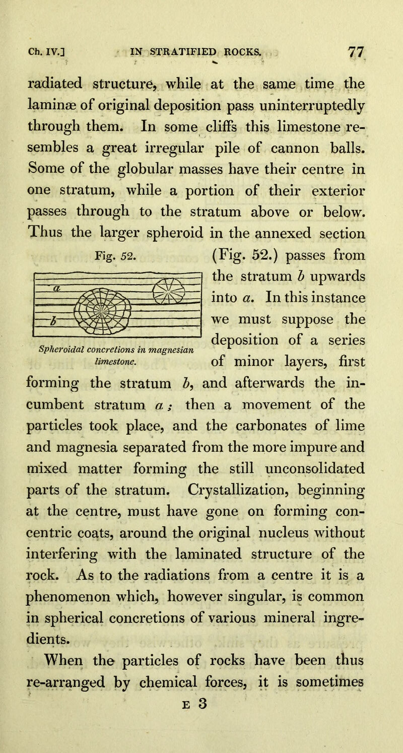 radiated structure, while at the same time the laminae of original deposition pass uninterruptedly through them. In some cliffs this limestone re- sembles a great irregular pile of cannon balls. Some of the globular masses have their centre in one stratum, while a portion of their exterior passes through to the stratum above or below. Thus the larger spheroid in the annexed section (Fig. 52.) passes from the stratum b upwards into a. In this instance we must suppose the deposition of a series of minor layers, first forming the stratum Z>, and afterwards the in- cumbent stratum a; then a movement of the particles took place, and the carbonates of lime and magnesia separated from the more impure and mixed matter forming the still unconsolidated parts of the stratum. Crystallization, beginning at the centre, must have gone on forming con- centric coats, around the original nucleus without interfering with the laminated structure of the rock. As to the radiations from a centre it is a phenomenon which, however singular, is common in spherical concretions of various mineral ingre- dients. When the particles of rocks have been thus re-arranged by chemical forces, it is sometimes e 3 Spheroidal concretions in magnesian limestone.
