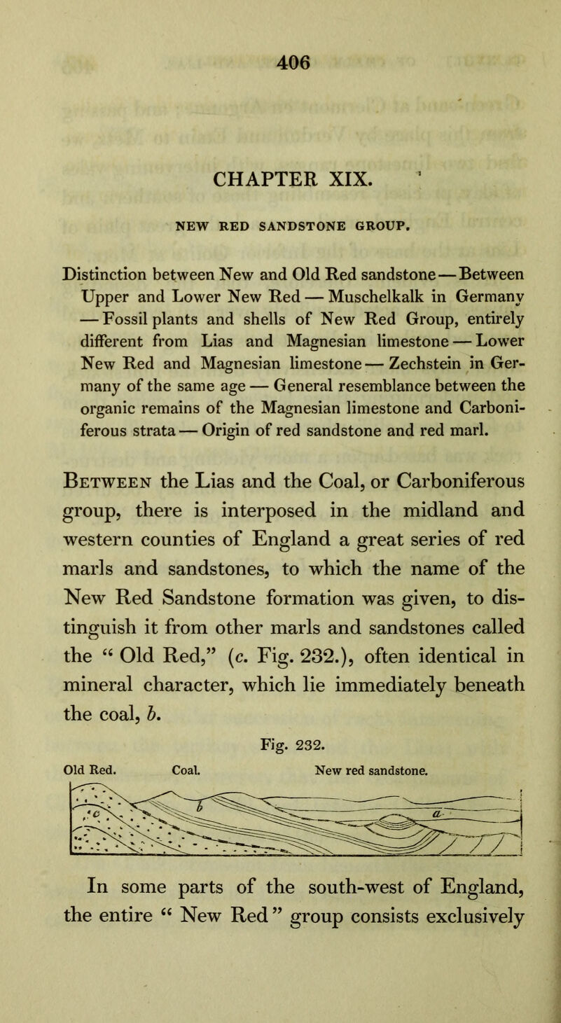 CHAPTER XIX. NEW RED SANDSTONE GROUP. Distinction between New and Old Red sandstone — Between Upper and Lower New Red — Muschelkalk in Germany — Fossil plants and shells of New Red Group, entirely different from Lias and Magnesian limestone — Lower New Red and Magnesian limestone—Zechstein in Ger- many of the same age — General resemblance between the organic remains of the Magnesian limestone and Carboni- ferous strata — Origin of red sandstone and red marl. Between the Lias and the Coal, or Carboniferous group, there is interposed in the midland and western counties of England a great series of red marls and sandstones, to which the name of the New Red Sandstone formation was given, to dis- tinguish it from other marls and sandstones called the 44 Old Red,” (c. Fig. 232.), often identical in mineral character, which lie immediately beneath the coal, b. Fig. 232. Old Red. Coal. New red sandstone. In some parts of the south-west of England, the entire 44 New Red ” group consists exclusively