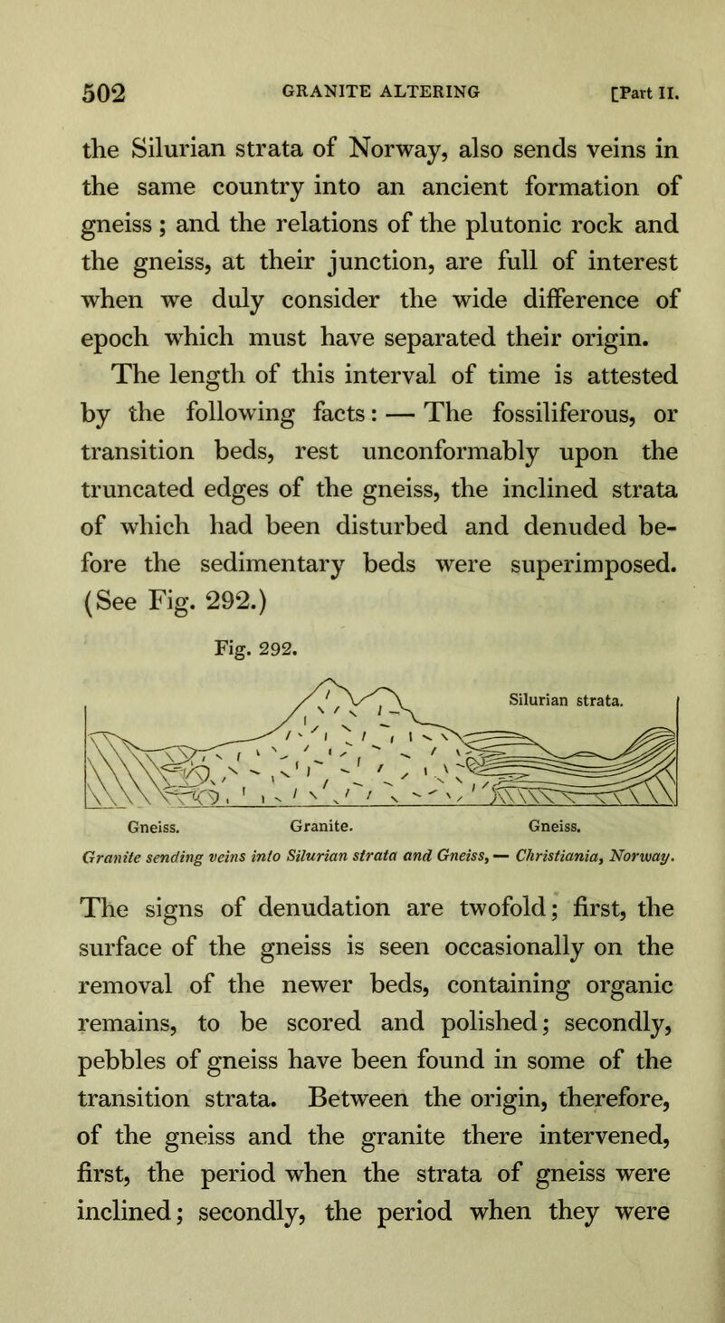 the Silurian strata of Norway, also sends veins in the same country into an ancient formation of gneiss; and the relations of the plutonic rock and the gneiss, at their junction, are full of interest when we duly consider the wide difference of epoch which must have separated their origin. The length of this interval of time is attested by the following facts: — The fossiliferous, or transition beds, rest unconformably upon the truncated edges of the gneiss, the inclined strata of which had been disturbed and denuded be- fore the sedimentary beds were superimposed. (See Fig. 292.) Fig. 292. Granite sending veins into Silurian strata and Gneiss,— Christiania, Norway. The signs of denudation are twofold; first, the surface of the gneiss is seen occasionally on the removal of the newer beds, containing organic remains, to be scored and polished; secondly, pebbles of gneiss have been found in some of the transition strata. Between the origin, therefore, of the gneiss and the granite there intervened, first, the period when the strata of gneiss were inclined; secondly, the period when they were