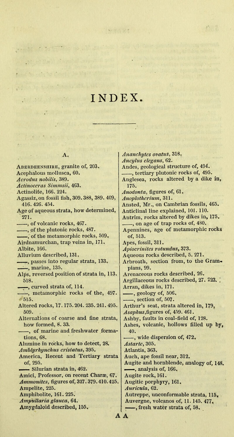 INDEX A. Aberdeenshire, granite of, 203. Acephalous mollusca, 60. Acrodus nobilis, 389. Actinoceras Simmsii, 463. Actinolite, 166. 224. Agassiz, on fossil fish, 309.388, 389. 409, 416. 426. 454. Age of aqueous strata, how determined, 271. , of volcanic rocks, 467. , of the plutonic rocks, 487. , of the metamorphic rocks, 509. Airdnamurchan, trap veins in, 171. Albite, 166. Alluvium described, 131. ——, passes into regular strata, 133. , marine, 135. Alps, reversed position of strata in, 113. 518. —-—, curved strata of, 114. • , metamorphic rocks of the, 497. . 515. Altered rocks, 17.175.204. 235. 241.495. 509. Alternations of coarse and fine strata, how formed, 8. 33. , of marine and freshwater forma- tions, 68. Alumine in rocks, how to detect, 28. Amblyrhynchus cristatus, 395. America, Recent and Tertiary strata of, 295. — Silurian strata in, 462. Amici, Professor, on recent Charse, 67. Ammonites, figures of, 327.379.410.425. Ampelite, 225. Amphibolite, 161. 225. Amp'ullaria glauca, 64. Amygdaloid described, 155. A Ananchytes ovatus, 318. Ancylus elegans, 62. Andes, geological structure of, 494. , tertiary plutonic rocks of, 495. Anglesea, rocks altered by a dike in, 175. Anodonta, figures of, 61, Anoplotherium, 311. Ansted, Mr., on Cambrian fossils, 465. Anticlinal line explained, 101. 110. Antrim, rocks altered by dikes in, 175. , on age of trap rocks of, 480. Apennines, age of metamorphic rocks of, 513. Apes, fossil, 311. Apiocrinites rotundus, 373. Aqueous rocks described, 5. 271. Arbroath, section from, to the Gram- pians, 99. Arenaceous rocks described, 26. Argillaceous rocks described, 27. 223. Arran, dikes in, 171. , geology of, 506. , section of, 507. Arthur’s seat, strata altered in, 179, Asaphus,figures of, 459. 461. Ashby, faults in coal-field of, 128. Ashes, volcanic, hollows filled up by, 40. , wide dispersion of, 472. Astarte, 305. Atlantis, 363. Auch, ape fossil near, 312. Augite and hornblende, analogy of, 148. —, analysis of, 166. Augite rock, 161. Augitic porphyry, 161. Auricula, 62. Autreppe, unconformable strata, 115, Auvergne, volcanos of, 11.145. 477. • , fresh water strata of, 58. A