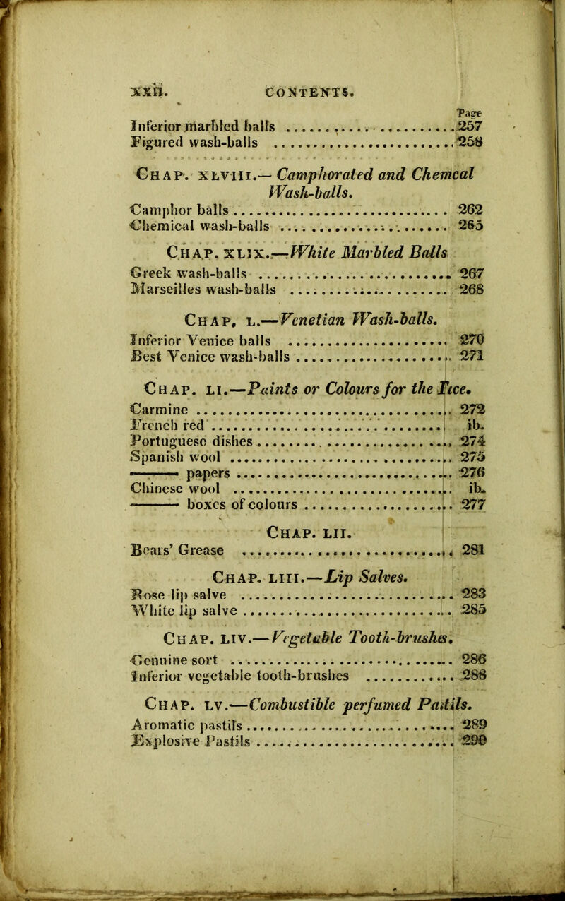 XXfl. CONTEXTS. Page Inferior marbled balls ........... 257 Figured wash-balls 258 Chap, xlviii.— Camphorated and Chemcal Wash-balls. Camphor balls 262 Chemical wash-balls ...... 265 Chap, xlix..—-White Marbled Balls, Greek wash-balls 267 Marseilles wash-balls .........;. 268 Chap, l.—Venetian Wash-balls. Inferior Venice balls 270 Best Venice wash-balls 271 Chap. li.—Paints or Colours for the lice. Carmine French red Portuguese dishes Spanish wool papers Chinese wool boxes of colours Chap. lit. . 272 ib. . 274 . 275 . 276 . ib. . 277 Bears’ Grease ............ 281 Chap, liii.—Lip Salves. Rose lip salve 283 White lip salve 285 Chap. liv.— Vegetable Tooth-brushes. Genuine sort 286 Inferior vegetable tooth-brushes 288 Chap. lv.—Combustible perfumed Pmtils. Aromatic pastils 28D JExplosive Pastils . 290