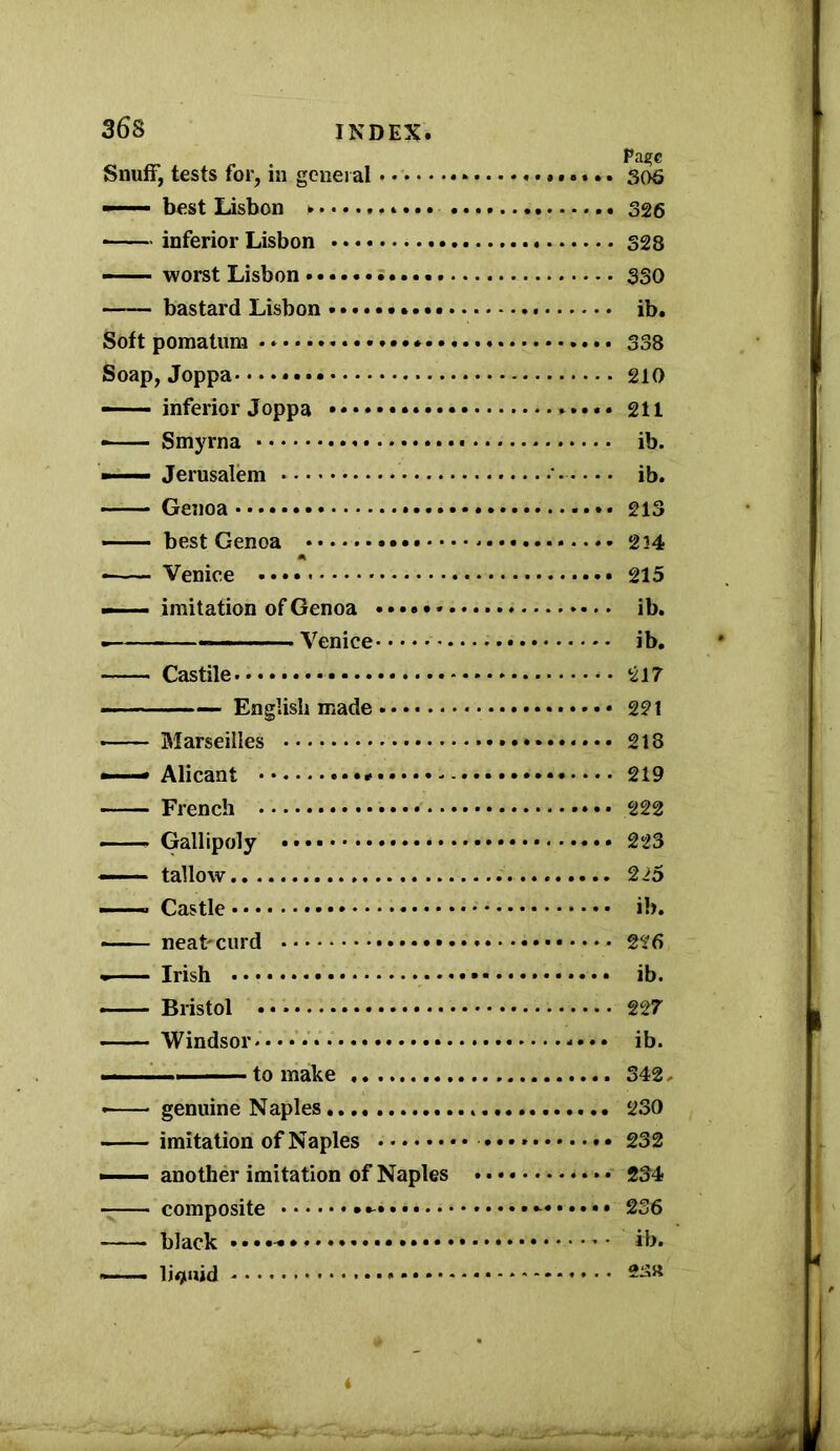 Page Snuff, tests for, in general 306 —— best Lisbon *... 326 inferior Lisbon 328 worst Lisbon • •... 330 bastard Lisbon ib. Soft pomatum • ♦ 338 Soap, Joppa- • • 210 —— inferior Joppa 211 • Smyrna ib. —— Jerusalem ' ib. Genoa 213 —— best Genoa 214 Venice 215 —— imitation of Genoa •••••» ib. • Venice ib. Castile 217 English made 221 Marseilles 218 —— Alicant 219 French • • 222 • Gallipoly • • • 223 tallow . 225 —— Castle ib. ■ - neat'eurd g?6 . Irish ib. Bristol 227 Windsor ib. ———■ to make 342. genuine Naples 230 imitation of Naples • 232 another imitation of Naples 234 composite - 236 black • ib. ~—. liquid * i