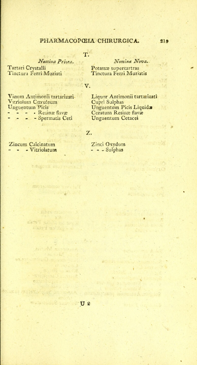 T. Nomina Prior a. Tartar! Crvstalli Tinctura Ferri Muriati V. Vinum Antimonii tartarizati Vitriolum Cceruieum Unguentum Picis - Retinas flavas - - - - Spermatis Ceti Zincum Calclnatum •- - Yitriolatum Nomina Nova. Potassse supertartras Tinctura Ferri Muriatis Liquor Antimonii tartarizati Cupri Sulphas Unguentum Picis Liquid* Ceratum Resinte flav* Unguentum Cetacei Z. Zinci Oxydum - « - Sulphas