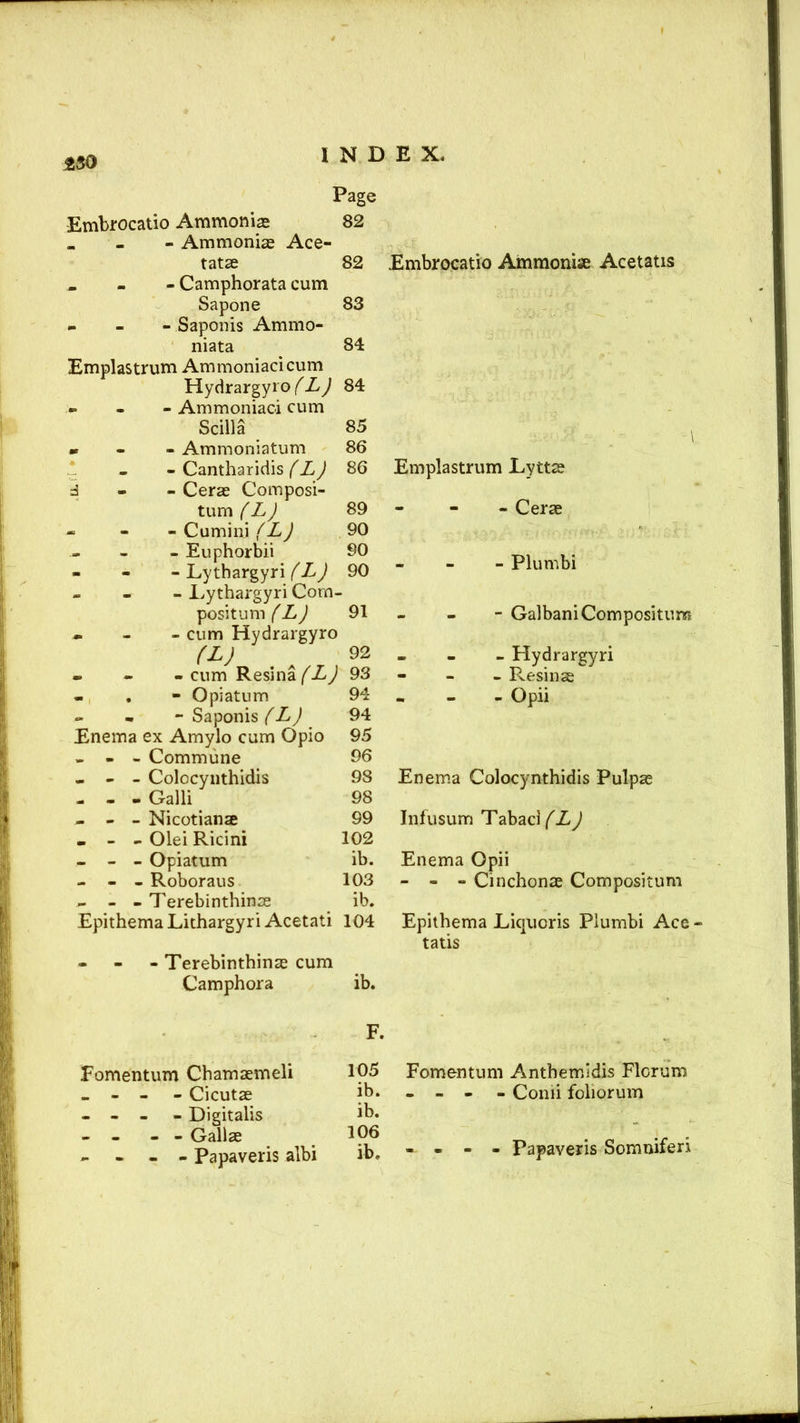 £30 Page 82 Embrocatio Ammonias - - Ammonias Ace- tatae _ - - Camphorata cum Sapone - Saponis Ammo- niata Emplastrum Ammoniacicum Hydrargyro (L) 84 «■ Ammoniaoi cum Scilla 85 * Ammoniatum 86 - Cantharidis (L) - Cerae Composi- 82 Embrocatio Ammonise Acetatis 83 84 turn (L) 89 - - Cumini (L) 90 - - - Euphorbii 90 - - - Lythargyri (L) 90 “ - Lythargyri Com- positum (L) 91 _ - cum Hydrargyro (L) 92 _ - - - cum Resina (L) 93 - - . - Opiatum 94 - Saponis (L) 94 Enema ex Amylo cum Opio 95 • Commune - Colocynthidis 98 - Galli 98 - Nicotianae 99 - Olei Ricini 102 - Opiatum ib. - Roboraus 103 - Terebinthinae ib. Emplastrum JLyttas - Cerae 96 EpithemaLithargyri Acetati 104 - Terebinthinae cum Camphora ib. - Plumbi - GalbaniCompositum - Hydrargyri - Resinas - Opii Enema Colocynthidis Pulpae Infusum Tabaci (L) Enema Opii - - - Cinchonae Compositum Epithema Liquoris Plumbi Ace - tatis Fomentum Cbamaemeli - - - Cicutae - - - Digitalis - - - - Gallae - - - - Papaveris albi F. 105 ib. ib. 106 ib. Fomentum Anthemidis Florum - - - - Comi foliorum - - - Papaveris Somniferi
