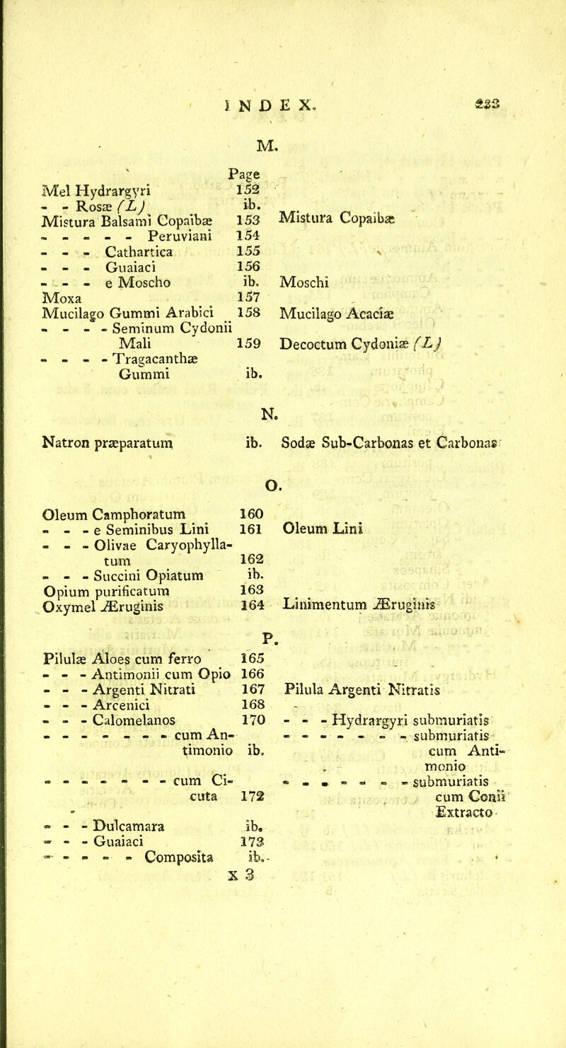 M, Page Mel Hydrargyri 152 - - Rosae (L)^ ib. Mistura Balsam i Copaibae 153 - - - - - Peruviani 154 - - - Cathartica 155 - - - Guaiaci 156 - - - - e Moscho ib. Moxa o 157 Mucilago Gummi Arabici 158 - - - - Seminum Cydonii Mali ' 159 - - - - Tragacanthae Gummi ib. Mistura Copaiba; Moschi Mucilago Acaciac Decoctum Cydoniae (L j Natron prseparatum N. ib. Sodae Sub-Carbonas et Carbonas O. Oleum Camphoratum - - - e Seminibus Lini - - - Olivae Caryophy 11a- tum - - - Succini Opiatum Opium purificatum Oxymel iEruginis 160 161 Oleum Lini 162 ib. 163 164 Linimentum JEruginis P. Pilulae Aloes cum ferro 165 - - - Antimonii cum Opio 166 - - - Argenti Nitrati 167 - - - Arcenici 168 - - - Calomelanos 170 ------ - cum An- timonio ib. ------- cum Ci- cuta 172 • - - Dulcamara ib, - - - Guaiaci 173 ------ Composlta ib.- x 3 Pilula Argenti Nitratis - - - Hydrargyri submuriatis ------ -submuriatis cum Anti» monio « . • » - -submuriatis cum Conli Extract©