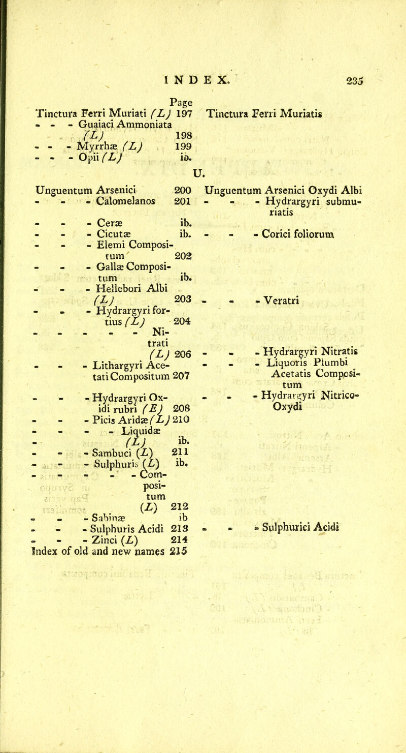 Page Tinctura Ferri Muriati (L) 197 Tinctura Ferri Muriatis - - - Guaiaci Ammoniata (L) 198 - - Myrrhas (L) 199 - - Opii (L) ib. Unguentum Arsenic! 200 - - - Calomelanos 201 - Cerae ib. - Cicutae ib. - Elemi Composi- tum 202 - Gallas Composi- tum _ ib. - Heliebori Albi (L) 203 - Hydrargyri for- tius (L) 204 » Ni- trati (L) 206 - Lithargyri Ace- tatiCompositum 207 - - - Hydrargyri Ox- idi rubri (E) 208 - Picis Aridae (LJ 210 - Liquidae (l) ib. - Sambuci (Z) 211 - Sulphuris (Z) ib. ----- Com- posi- tum (Z) 212 - Sabinas ib - Sulphuris Acidi 213 - - - Zinci (Z) 214 Index of old and new names 215 Unguentum Arsenici Oxydi Albi - - - Hydrargyri submu- riatis - Corici foliorum - Veratri - Hydrargyri Nitratis - Liquoris Piumbi Acetatis Composi- tum - Hydrargyri Nitrico- Oxydi - Sulphuric! Acidi