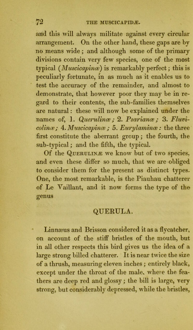 and tills ^vill always militate against every circular arrangement. On the other hand, these gaps are hy no means wide ; and although some of the primary divisions contain very few species, one of the most typical {Muscicapinoe) is remarkably perfect; this is peculiarly fortunate, in as much as it enables us to test the accuracy of the remainder, and almost to demonstrate, that how'ever poor they may be in re- gard to their contents, the sub-families themselves are natural: these Avill now be explained under the names of, 1. Q,uerulince; 2. Psariance; 3. Fluvi- colince; 4. Muscicapince ; 5. Eurylamince: the three first constitute the abeiTant group; the fourth, the sub-typical; and the fifth, the tj-pical. Of the QuERULiNiE we know but of two species, and even these differ so much, that Ave are obliged to consider them for the present as distinct types. One, the most remarkable, is the Piauhau chatterer of Le Vaillant, and it now forms the type of the genus QUERULA. Linnaeus and Brisson considered it as a flycatcher, on account of the stiff bristles of the mouth, but in all other respects this bird gives us the idea of a large strong hilled chatterer. It is near tAvice the size of a thrush, measuring eleven inches ; entirely black, except under the throat of the male, Avhere the fea- thers are deep red and glossy ; the hill is large, very strong, hut considerably depressed, while the bristles.
