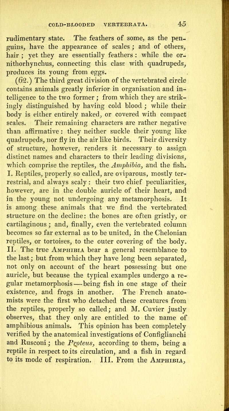 rudimentary state. The feathers of some, as the pen- guins, have the appearance of scales ; and of others, hair ; yet they are essentially feathers : while the or- nithorhynchus, connecting this class with quadrupeds, produces its young from eggs. (62.) The third great division of the vertebrated circle contains animals greatly inferior in organisation and in- telligence to the two former; from which they are strik- ingly distinguished by having cold blood; while their body is either entirely naked, or covered with compact scales. Their remaining characters are rather negative than affirmative: they neither suckle their young like quadrupeds, nor fly in the air like birds. Their diversity of structure, however, renders it necessary to assign distinct names and characters to their leading divisions, which comprise the reptiles, the Amphibia, and the fish. I. Reptiles, properly so called, are oviparous, mostly ter- restrial, and always scaly : their two chief peculiarities, however, are in the double auricle of their heart, and in the young not undergoing any metamorphosis. It is among these animals that we find the vertebrated structure on the decline: the bones are often gristly, or cartilaginous; and, finally, even the vertebrated column becomes so far external as to be united, in the Chelonian reptiles, or tortoises, to the outer covering of the body. II. The true Amphibia bear a general resemblance to tbe last; but from which they have long been separated, not only on account of the heart possessing but one auricle, but because the typical examples undergo a re- gular metamorphosis—being fish in one stage of their existence, and frogs in another. The French anato- mists were the first who detached these creatures from the reptiles, properly so called; and M. Cuvier justly observes, that they only are entitled to the name of amphibious animals. This opinion has been completely verified by the anatomical investigations of Configlianchi and Rusconi; the Pypteus, according to them, being a reptile in respect to its circulation, and a fish in regard to its mode of respiration. III. From the Amphibia,