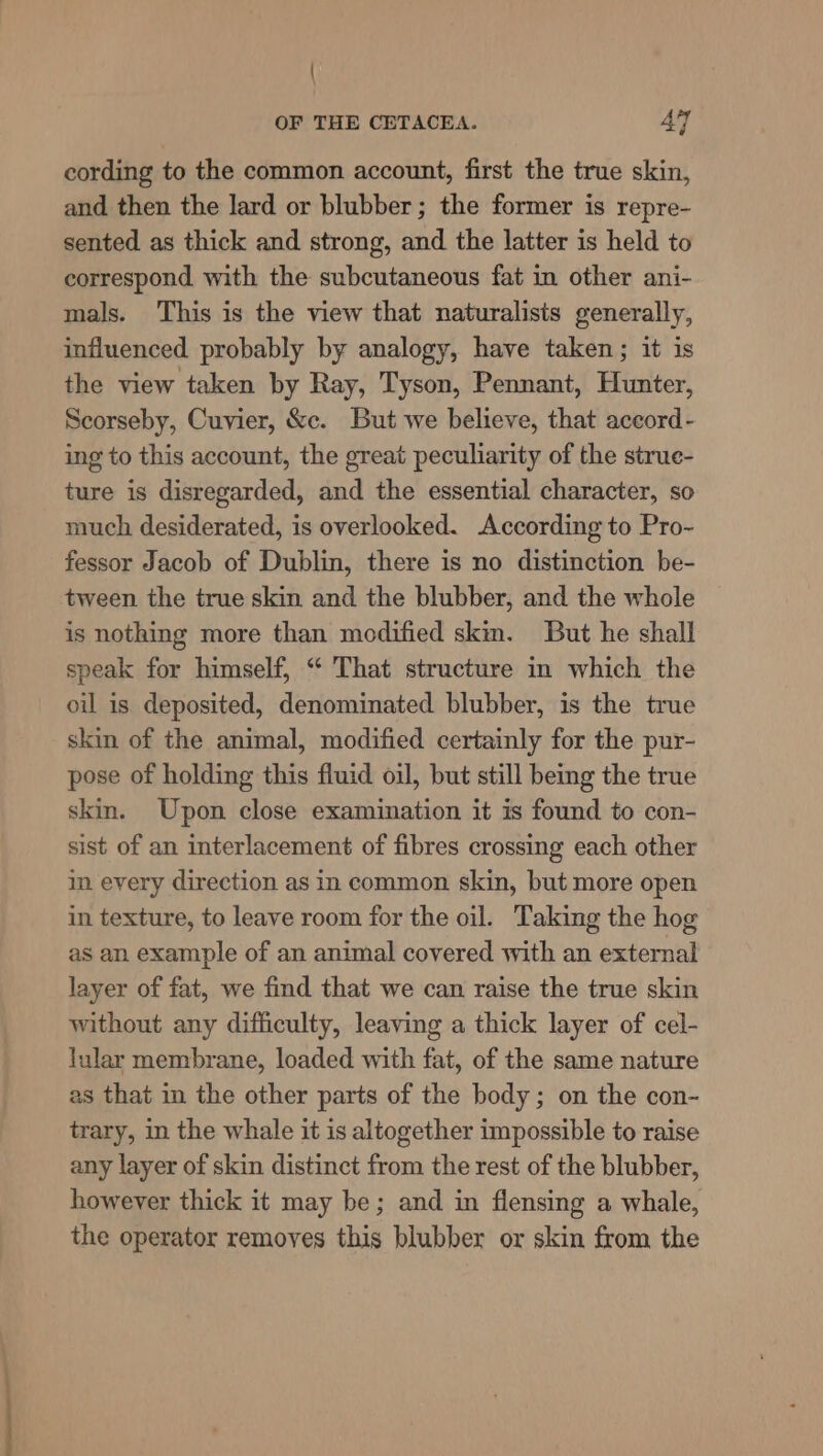 cording to the common account, first the true skin, and then the lard or blubber; the former is repre- sented as thick and strong, and the latter is held to correspond with the subcutaneous fat in other ani- mals. This is the view that naturalists generally, influenced probably by analogy, have taken; it is the view taken by Ray, Tyson, Pennant, Hunter, Scorseby, Cuvier, &c. But we believe, that aceord- ing to this account, the great peculiarity of the strue- ture is disregarded, and the essential character, so much desiderated, is overlooked. According to Pro- fessor Jacob of Dublin, there is no distinction be- tween the true skin and the blubber, and the whole is nothing more than modified skim. But he shall speak for himself, “ That structure in which the oil is deposited, denominated blubber, is the true skin of the animal, modified certainly for the pur- pose of holding this fluid oil, but still being the true skin. Upon close examination it is found to con- sist of an interlacement of fibres crossing each other in every direction as in common skin, but more open in texture, to leave room for the oil. Taking the hog as an example of an animal covered with an external layer of fat, we find that we can raise the true skin without any difficulty, leaving a thick layer of cel- lular membrane, loaded with fat, of the same nature as that in the other parts of the body; on the con- trary, in the whale it is altogether impossible to raise any layer of skin distinct from the rest of the blubber, however thick it may be; and in flensing a whale, the operator removes this blubber or skin from the
