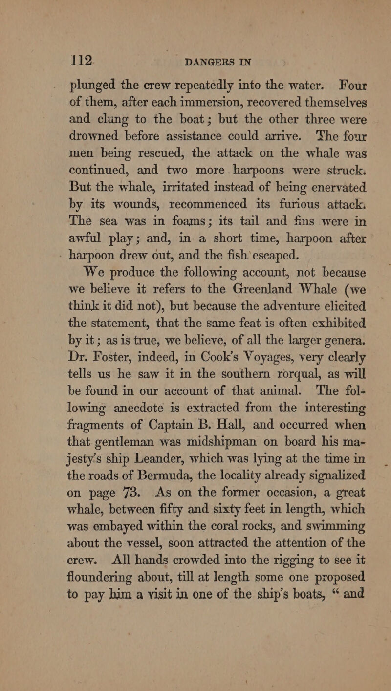 plunged the crew repeatedly into the water. Four of them, after each immersion, recovered themselves and clang to the boat; but the other three were drowned before assistance could arrive. The four men being rescued, the attack on the whale was continued, and two more harpoons were struck. But the whale, irritated instead of being enervated by its wounds, recommenced its furious attack. The sea was in foams; its tail and fins were in awful play; and, in a short time, harpoon after - harpoon drew out, and the fish escaped. We produce the following account, not because we believe it refers to the Greenland Whale (we think it did not), but because the adventure elicited the statement, that the same feat is often exhibited by it ; as is true, we believe, of all the larger genera. Dr. Foster, indeed, in Cook’s Voyages, very clearly tells us he saw it in the southern rorqual, as will be found in our account of that animal. The fol- lowing anecdote is extracted from the interesting fragments of Captain B. Hall, and occurred when that gentleman was midshipman on board his ma- jesty’s ship Leander, which was lying at the time in the roads of Bermuda, the locality already signalized on page 73. As on the former occasion, a great whale, between fifty and sixty feet in length, which was embayed within the coral rocks, and swimming about the vessel, soon attracted the attention of the crew. All hands crowded into the rigging to see it floundering about, till at length some one proposed to pay him a visit in one of the ship’s boats, “ and