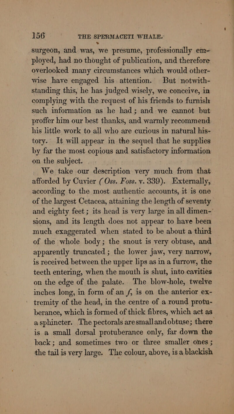 surgeon, and was, we presume, professionally em=- ployed, had no thought of publication, and therefore overlooked many circumstances which would other- wise have engaged his attention. But notwith- standing this, he has judged wisely, we conceive, in complying with the request of his friends to furnish such information as he had; and-we cannot but proffer him our best thanks, and warmly recommend his little work to all who are curious in natural his- tory. It will appear in the sequel that he supplies by far the most copious and satisfactory information on the subject. We take our description very much from that afforded by Cuvier (Oss. Foss. v. 339). Externally, according to the most authentic accounts, it is one of the largest Cetacea, attaining the length of seventy and eighty feet ; its head is very large in all dimen-’ sions, and its length does not appear to have been much exaggerated when stated to be about a third of the whole body; the snout is very obtuse, and apparently truncated ; the lower jaw, very narrow, is received between the upper lips as in a furrow, the teeth entering, when the mouth is shut, into cavities on the edge of the palate. The blow-hole, twelve inches long, in form of an f, is on the anterior ex- ' tremity of the head, in the centre of a round protu- berance, which is formed of thick fibres, which act as asphincter. The pectorals aresmalland obtuse; there is a small dorsal protuberance only, far down the back; and sometimes two or three smaller ones ; the tail is very large. The colour, above, isa blackish