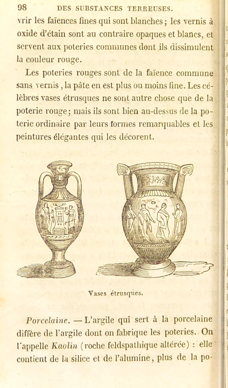 M'ir les faïences fines qui sont blanches ; les vernis à oxide d’étain sont au contraire opaques et blancs, et servent aux poteries communes dont ils dissimulent la couleur rouge. Les poteries rouges sont de la faïence commune sans vernis, la pâte en est plus ou moins fine. Les cé- lèbres vases étrusques ne sont autre chose que de la poterie rouge; mais ils sont bien au-dessus de la po- terie ordinaire par leurs formes remarquables et les peintures élégantes qui les décorent. Vases étrusques. Porcelaine. — L’argile qui sert à la porcelaine diffère de l’argile dont on fabrique les poteries. On l’appelle Kaolin (roche feldspalhique altérée) : elle contient de la silice et de l’alumine, plus de la po-