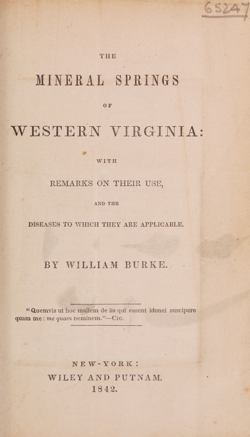 é THE MINERAL SPRINGS OF WESTERN VIRGINIA: = WITH REMARKS ON THEIR USE, AND THE DISEASES TO WHICH THEY ARE APPLICABLE. BY WILLIAM BURKE. * Quemvis ut hoc mallem de iis qui essent idonei suscipere quam me: me quam neminem.”’—Cic. NEW-YORK;: WILEY AND PUTNAM. 1842. *