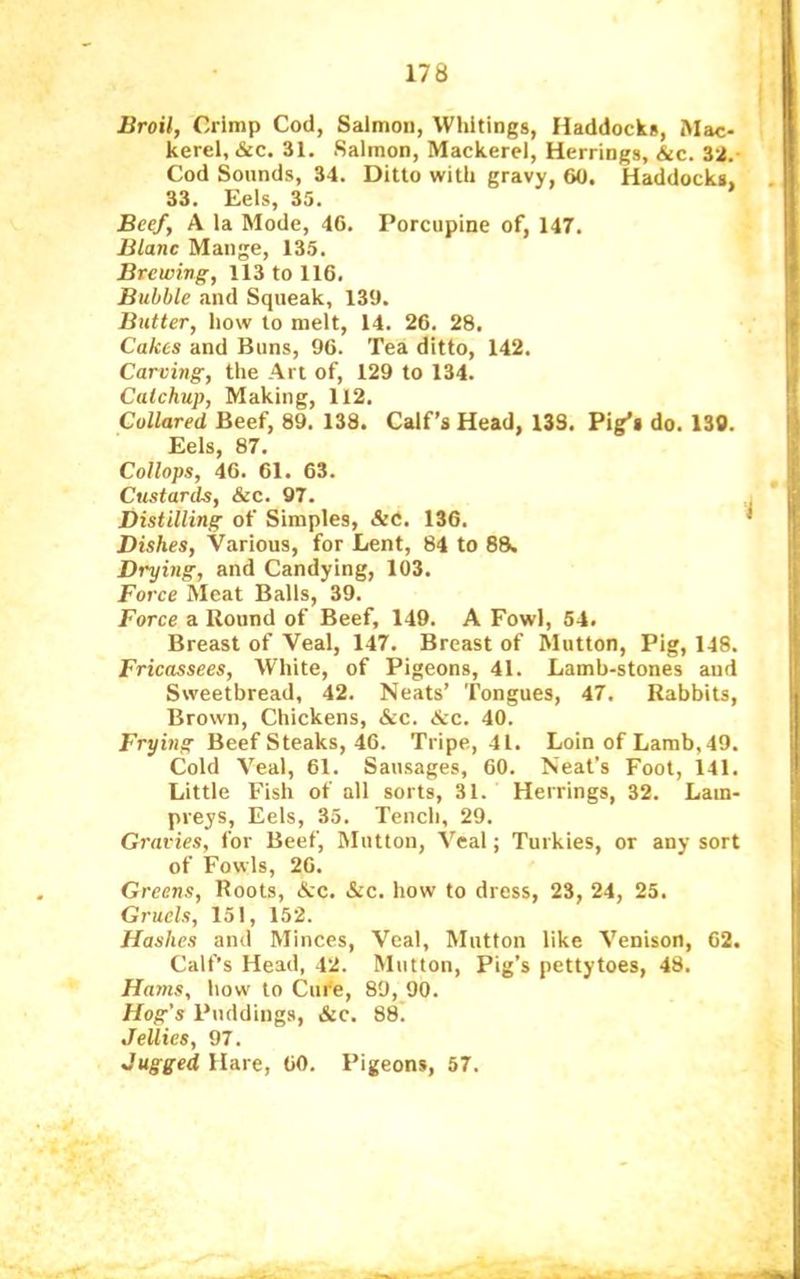 Broil, Crimp Cod, Salmon, Whitings, Haddocks, Mac- kerel, &c. 31. Salmon, Mackerel, Herrings, &c. 32.- Cod Sounds, 34. Ditto with gravy, 60. Haddocks, 33. Eels, 35. Beef, A la Mode, 46. Porcupine of, 147. Blanc Mange, 135. Brewing, 113 to 116. Bubble and Squeak, 139. Butter, how to melt, 14. 26. 28, Cakes and Buns, 96. Tea ditto, 142. Carving, the Art of, 129 to 134. Catchup, Making, 112. Collared Beef, 89. 138. Calf’s Head, 139. Pig's do. 139. Eels, 87, Collops, 46. 61. 63. Custards, &c. 97. Distilling of Simples, Sit, 136. Dishes, Various, for Lent, 84 to 88. Drying, and Candying, 103. Force Meat Balls, 39. Force a Round of Beef, 149. A Fowl, 54. Breast of Veal, 147. Breast of Mutton, Pig, 148. Fricassees, AVhite, of Pigeons, 41. Lamb-stones and Sweetbread, 42. Neats’ Tongues, 47. Rabbits, Brown, Chickens, &c. &c. 40. Frying Beef Steaks, 46. Tripe, 41. Loin of Lamb, 49. Cold Veal, 61. Sausages, 60. Neat’s Foot, 141. Little Fish of all sorts, 31. Herrings, 32. Lam- preys, Eels, 35. Tencli, 29. Gravies, for Beef, Mutton, Veal; Turkies, or any sort of Fowls, 26. Greens, Roots, &C. &c. how to dress, 23, 24, 25. Gruels, 151, 152. Hashes and Minces, Veal, Mutton like Venison, 62. Calf’s Head, 42. Mutton, Pig’s pettytoes, 48. Hams, how to Cure, 89, 90. Hog’s Puddings, &c. 88! JeUies, 97. Jugged Hare, 60. Pigeons, 57.