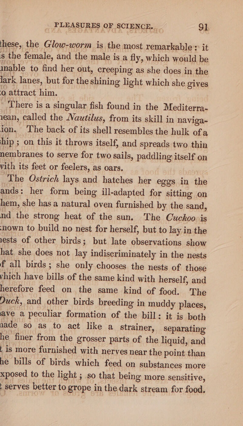 these, the Glow-worm is the most remarkable’ it s the female, and the male is a fly, which would be inable to find her out, creeping as she does in the lark lanes, but for the shining light which she cives 0 attract him. - There is a singular fish found in the Mediterra- 1ean, called the Nautilus, from its skill in naviga-~ ion. The back of its shell resembles the hulk of a hip ; on this it throws itself, and spreads two thin nembranes to serve for two sails, paddling itself on vith its feet or feelers, as oars. “The Ostrich lays and hatches her eggs in the ands: her form being ill-adapted for sitting on hem, she has a natural oven furnished by the sand, nd the strong heat of the sun. The Cuckoo is nown to build no nest for herself, but to lay in the ests of other birds; but late observations show hat. she does not lay indiscriminately in the nests f all birds ; she only chooses the nests of those yhich have bills of the same kind with herself, and herefore feed on the same kind of food. The Duck, and other birds breeding in muddy places, ave a peculiar formation of the bill: it is both nade so as to act like a strainer, separating he finer from the grosser parts of the liquid, and | is more furnished with nerves near the point than he bills of birds which feed on substances more xposed to the light ; so that being more sensitive, serves better to grope in the dark stream for food.