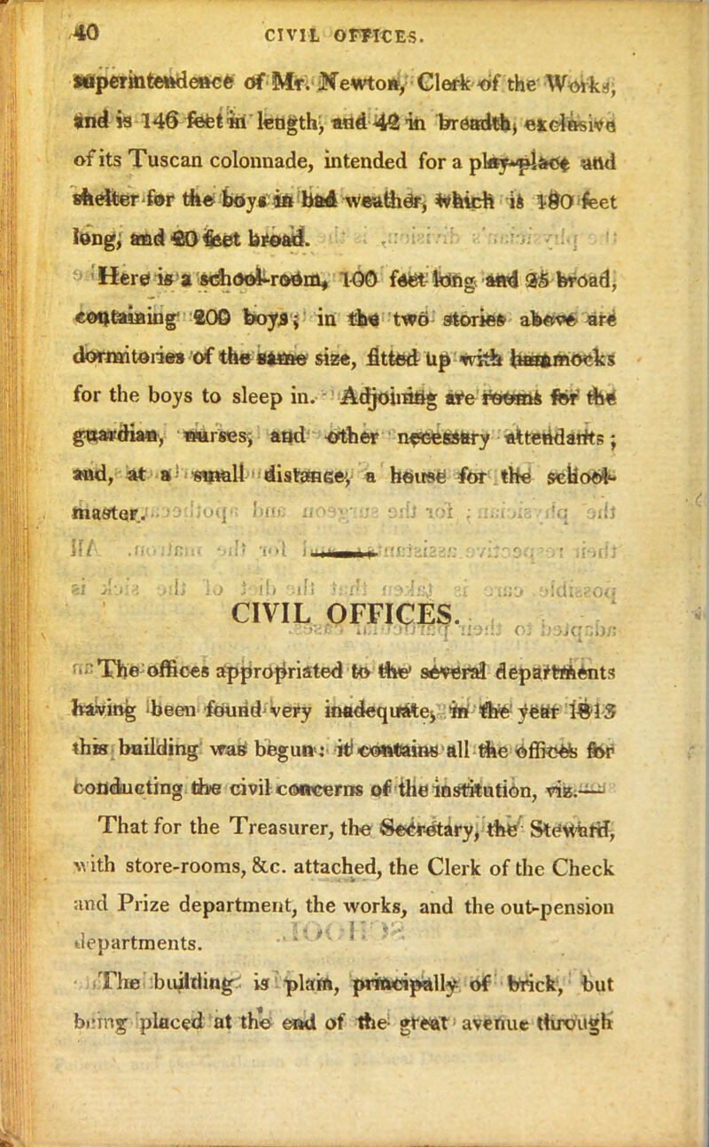 Mperintendettce of Mr. Newton, Clerk of the Woi k i, and is 146 feet 'in length, and 42 in breadth, e*©&siv« of its Tuscan colonnade, intended for a pk*y*pla<5t and s&eiter for A* boy* i& had weatne*, fchicfc is t&O feet iong, and £0 feet broad. Here is a sdidoii-rodm, 100 feet long and 35 broad, eot»taB»ing' 200 boys; in th* two stories ab«9^ are dornsitones of theSttne size, fitted Up wfck hsaiimoelvs for the boys to sleep in. Adjoining are rOGifts fcr A« gaapdiao, ww ses, and otber necessary attendants; and, at a swill distanec, a house for the school'- ftiaetqiy-JO^'uq'; bas nosgmE ^rll tol [aahisydq oils zi il9i8 11> \o J' lb :ilt iuru usa&J ei otso uldi&zoq CIVIL OFFICES. . 3as5 iwfJauTBq. i&di oi baJqcbji The offices appropriated to tins' sAvera! departments having been found very inadequate) in ^be year IBIS this building was begunr it) contains all the officer for fcofldiueting. th>e civil csweerns of the institution, viz.— That for the Treasurer, the Secretary, the Steward, with store-rooms, &c. attached, the Clerk of the Check and Prize department, the works, and the out-pension departments. ' ]V- The buildingr. is! plain, principally of brick, but b.mig placed at the eod of the great avenue through