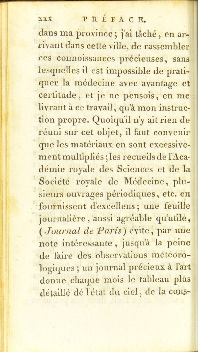 dans ma province ; j’ai tâché, en ar- | rivant dans cette ville, de rassembler ces connoissances précieuses, sans lesquelles il est impossible de prati- quer la médecine avec avantage et certitude, et je ne pensois, en me - livraTit à ce travail, qu’à mon instruc- tion propre. Quoiqu’il n’y ait rien de réuni sur cet objet, il faut convenir que les matériaux en sont excessive^ ment multipliés ; les recueils de l’Aca- démie royale des Sciences et de la Société royale de Médecine, plu- sieurs ouvrages périodiques, etc. en fournissent d’excellens; une feuille journalière, aussi agréable qu’utile, ( Journal de Paris ) évite, par une note intéressante , jusqu’à la peine de faire des observations météoro- logiques 5 un journal précieux à l’art donne chaque mois le tableau plus détaillé dé l’état du ciel, de la coji&-