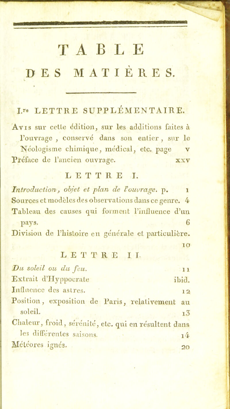 TABLE DES MATIÈRES. I.»”® LETTRE SUPPLÉMENTAIRE. Avis sur celle dclition, sur les additions faites à l’ouvrage , conservé dans son entier, sur le Néologisme cliimique, médical, etc. page v Préface de l’ancien ouvrage. xxv LETTRE I. Introduction, objet et plan de Vouvrage, p. i Sources et modèles des observations dans ce genre. 4 Tableau des causes qui fornicnt l’influence d’un pays. 6 Division de l’bistoire en générale et particulière. lO L E T T R E I 1. I)u soleil ou du feu. 11 Extrait d’IIyppocrate ibld. Influence des astres. 12 Position, exposition de Paris, relativement au soleil. Chaleur, froid, sérénité, etc. qui en résultent dans les dilférentes saisons. i4 i Météores ignés. 20