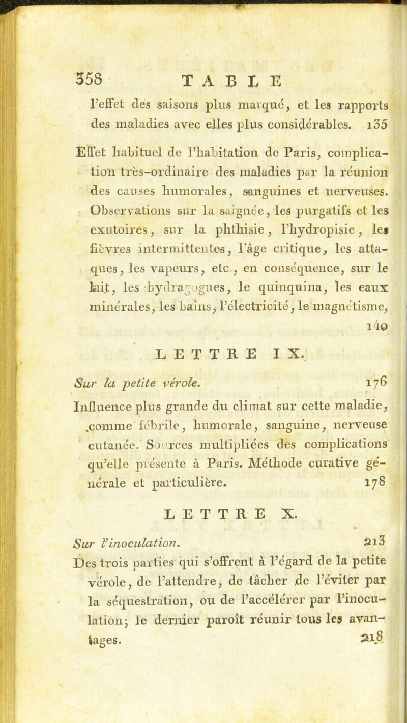 l’elFet des saisons plus mavqué, et les rapports des maladies avec elles plus considérables. i35 Effet liabitucl de l’habitation de Paris, complica- tion très-ordinaire des maladies par la réunion des causes humorales, sanguines et nerveuses. Observations sur la saignée, les purgatifs et les exutoires, sur la phthisie, l’hydropisie, let lièvres intermittentes, l'âge critique, les atta- ques, les vapeurs, etc , en conséquence, sur le lait, les bydragjgues, le quinquina, les eaux minérales, les bains, l’électricité, le magnétisme, i4o LETTRE IX.’ Sur la 'petite vérole. 176 Influence plus grande du climat sur cette maladie, .comme fébi'ile, humorale, sanguine, nerveuse cutanée. Sources multipliées des complications qu’elle présente à Paris. Méthode curative ge'- uérale et particulière. 178 LETTRE X. % Sur Vinoculation. 213 Des trois parties qui s’offrent à l’égard de la petite vérole, de l’attendre, de tâcher jde l’éviter par la séquestration, ou de l’accélérer par l’inocu- lation j le dernier paroît réunir tous les avan- tages.
