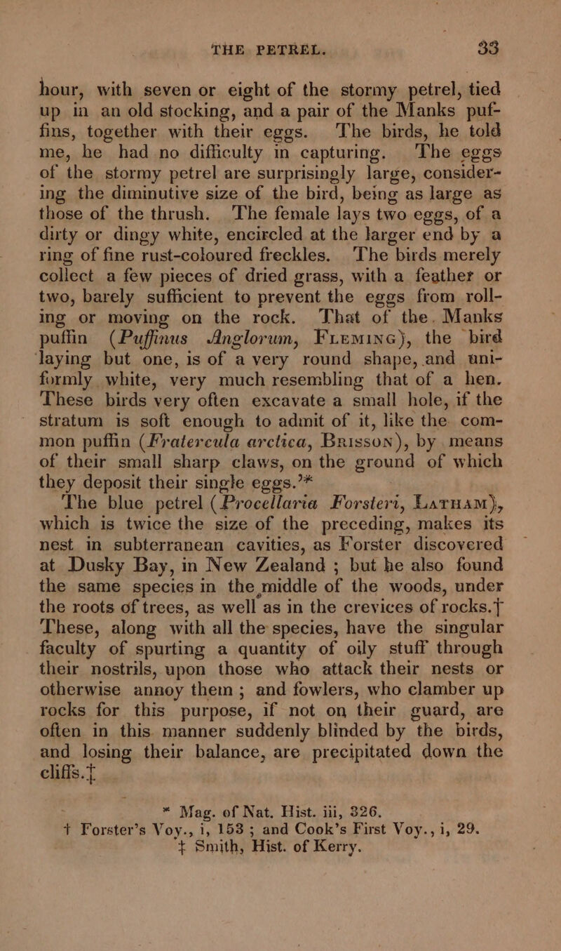 hour, with seven or eight of the stormy petrel, tied up in an old stocking, and a pair of the Manks puf- fins, together with their eggs. The birds, he told me, he had no difficulty in capturing. The eggs of the stormy petrel are surprisingly large, consider- ing the diminutive size of the bird, being as large as those of the thrush. The female lays two eggs, of a dirty or dingy white, encircled at the larger end by a ring of fine Tust-coloured freckles. The birds merely collect a few pieces of dried grass, with a feather or two, barely sufficient to prevent the eggs from roll- ing or moving on the rock. That of the. Manks puffin (Puffinus Anglorum, Fremine), the bird ‘laying but one, is of a very round shape, and ani- formly white, very much resembling that of a hen. These birds very often excavate a small hole, if the stratum is soft enough to admit of it, like the com- mon puffin (Frater cula arctica, Brisson), by means of their small sharp claws, on the ground of which they deposit their single eggs.’* The blue petrel (Procellarta Forstert, Laruam), which is twice the size of the preceding, makes its nest in subterranean cavities, as Forster discovered at Dusky Bay, in New Zealand ; but he also found the same species in the middle of the woods, under the roots of trees, as well as in the crevices of rocks. “a These, along with all the species, have the singular faculty of spurting a quantity of oily stuff through their nostrils, upon those who attack their nests or otherwise annoy them; and fowlers, who clamber up rocks for this purpose, if not on their guard, are often in this manner suddenly blinded by the birds, and losing their balance, are precipitated down the clifis. “ Mag. of Nat. Hist. ili, 326. + Forster’s Voy., i, 153 ; and Cook’s First Voy., i, 29. “t Smith, Hist. of Kerry.