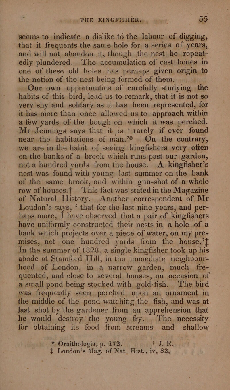 seems to indicate a dislike to the labour of digging, that it frequents the same hole for a series of years, and will not, abandon it, though the nest be. repeat- edly plundered. The accumulation of cast bones in one of these old holes has perhaps given origin to the notion of the nest being formed of them. Our own opportunities of carefully studying the habits of this bird, lead us to remark, that it is not so very shy and solitary as it has been represented, for it has more than once allowed us to. approach within afew yards of the bough on which it was perched. Mr Jennings says that if is § ecanely, if ever found near the habitations of man.’ On the contrary, we are in the habit of seeing taeatabces very often on the banks of a brook which runs past our garden, not a hundred yards from the house. A kingfisher’s nest was found with young Jast summer on the bank of the same brook, and within gun-shot of a whole row of houses.{ Bhiaifack was stated in the Magazine of Natural History. Another correspondent of Mr Loudon’s says, ‘ that for the last nine years, and per- haps more, | have observed that a pair of kingfishers have uniformly constructed their nests in a hole of a bank which projects over a piece of water, on my pre~ mises, not one hundred yards from the house.’ In the summer of 1828, a single kingfisher took up his abode at Stamford Hill, in the immediate neighbour- hood of London, in a narrow garden, much_ fre- quented, and close to several houses, on occasion of a small pond being stocked with gold- fish. The bird was frequently seen perched upon an ornament in the middie of the pond watching the fish, and was at last shot by the gardener from an apprehension that he would destroy’ the young fry. . The. necessity for obtaining its food from streams and_ shallow * Ornithologia, p. 172. + J. R. + Loudon’s Mag. of Nat. Hist., iv, 82,