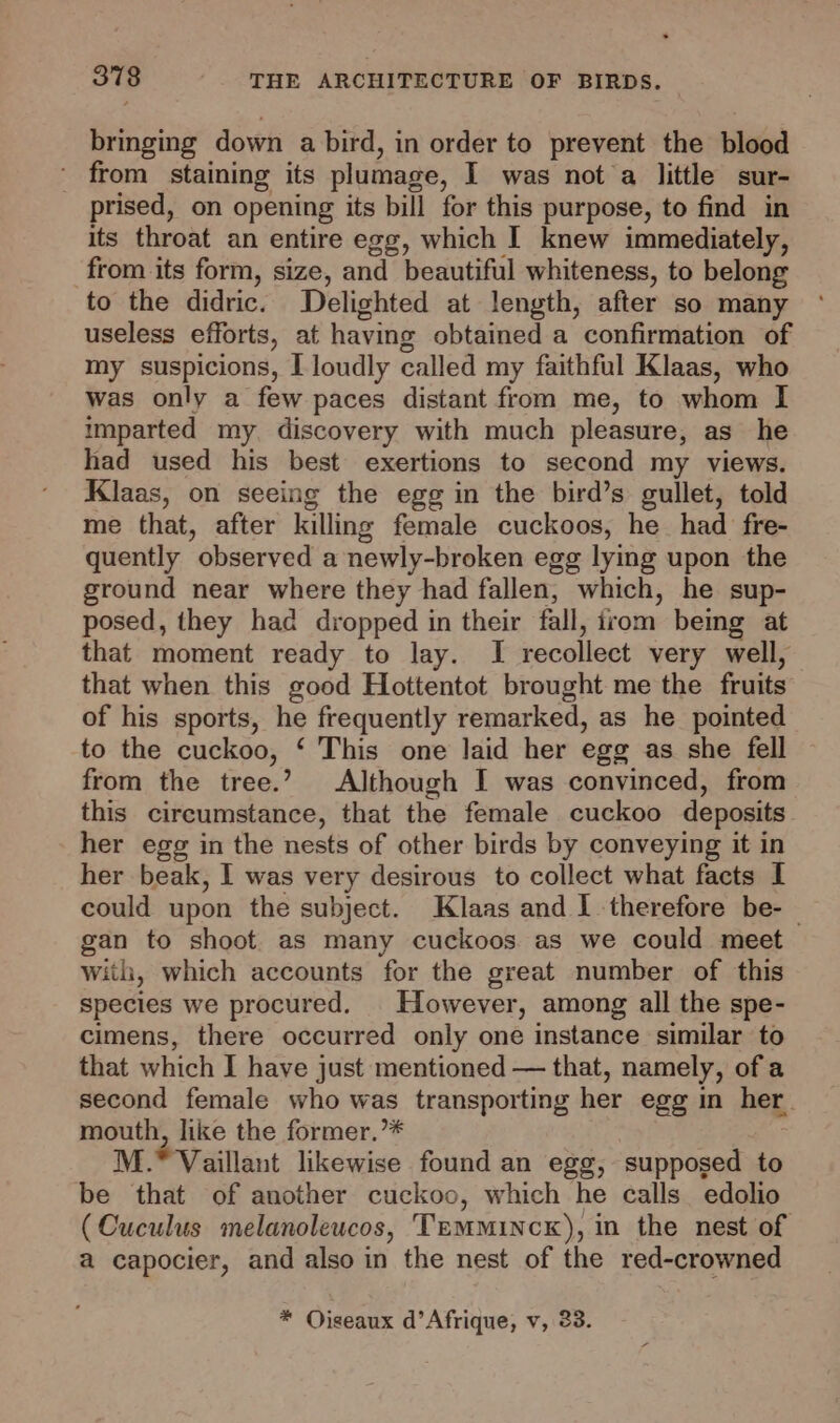 bringing down a bird, in order to prevent the blood ' from staining its plumage, I was not a little sur- prised, on opening its bill for this purpose, to find in its throat an entire egg, which I knew immediately, from its form, size, and beautiful whiteness, to belong to the didric. Delighted at length, after so many useless efforts, at having obtained a confirmation of my suspicions, [loudly called my faithful Klaas, who was only a few paces distant from me, to whom I imparted my. discovery with much pleasure, as he had used his best exertions to second my views. Klaas, on seeing the egg in the bird’s gullet, told me that, after killing female cuckoos, he had fre- quently observed a newly-broken egg lying upon the ground near where they had fallen, which, he sup- posed, they had dropped in their fall, irom being at that moment ready to lay. I recollect very well, that when this good Hottentot brought me the fruits of his sports, he frequently remarked, as he pointed to the cuckoo, ‘ This one laid her egg as she fell from the tree.? Although I was convinced, from this circumstance, that the female cuckoo deposits. her egg in the nests of other birds by conveying it in her beak, 1 was very desirous to collect what facts I could upon the subject. Klaas and I therefore be-— gan to shoot as many cuckoos as we could meet with, which accounts for the great number of this Species we procured. However, among all the spe- cimens, there occurred only one instance similar to that which I have just mentioned — that, namely, ofa second female who was transporting her egg in her. mouth, like the former.’* M.* Vaillant likewise found an ego, supposed to be that of another cuckoo, which he calls. edolio (Cuculus melanoleucos, ‘TEmmincK), in the nest of a capocier, and also in the nest of the red-crowned * Oiseaux d’Afrique, v, 33.