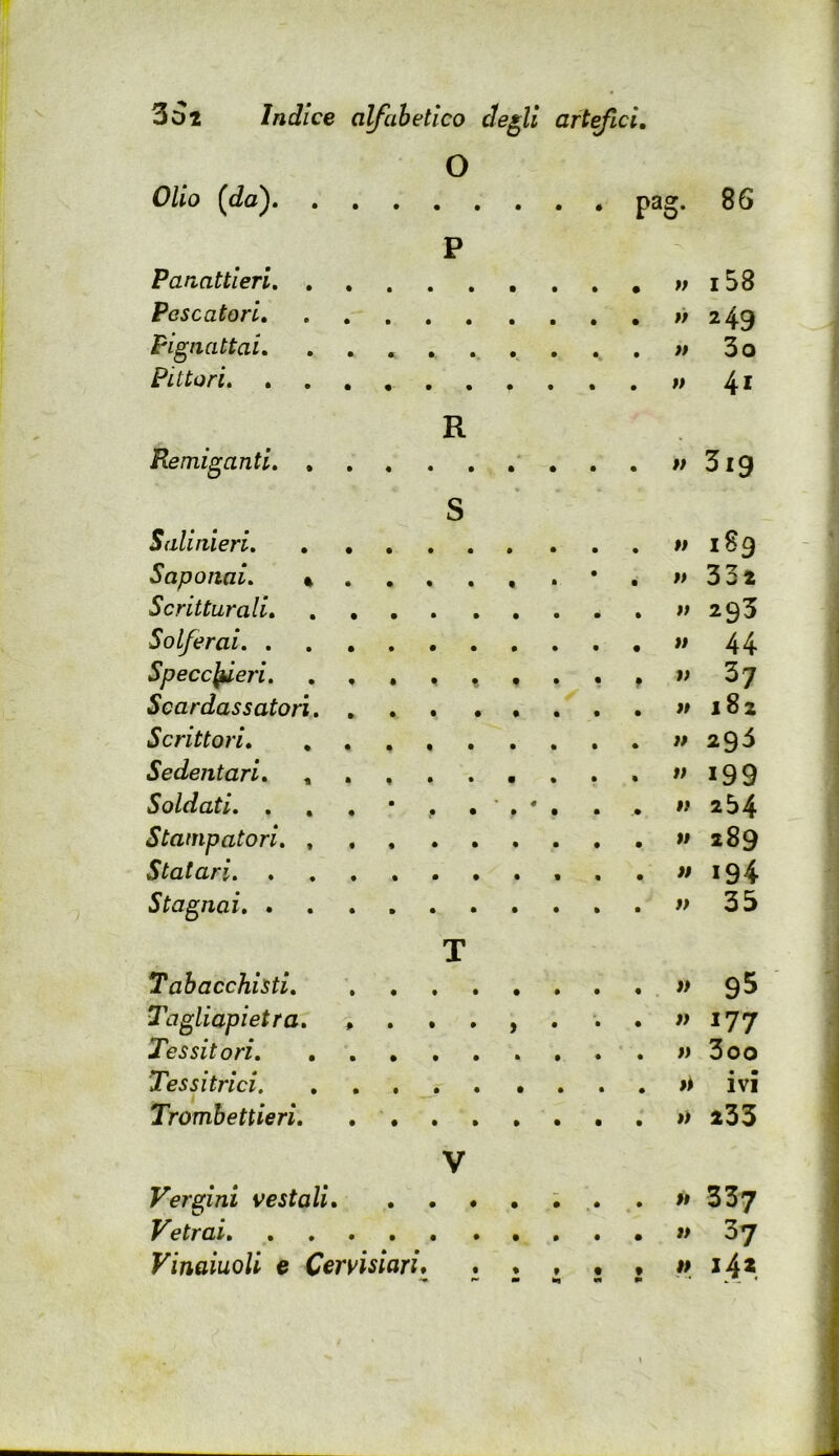 86 3o2 Indice alfabetico etesii art^ici. O Olio {da') pag. P Panattlerl w Pescatori »> Pignattai, ........ . . n Pittori R Remiganti ' . . . i; s Salinieri, Saponai, « • . Scritturali, . Solferai Speccjjùeri , . . , Scardassatori, ... • • . . . Scrittori . Sedentari, . Soldati, , , , • . • ' . * • . . Stampatori. Statari . . Stagnai T Tabacchisti . . Tagliapietra. Tessitori . . Tessitrici Trombettieri. Il II II II II II II II II II II II II II II i> II V Vergini vestali ; . . w Vetrai ii Vinaiuoli e Cervisiari* ..,,,11 i58 249 3o 41 3i9 1^9 33* 293 44 37 18z 293 199 254 289 194 35 95 177 3oo ivi *33 337 37 ^4*.