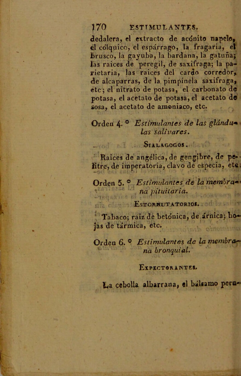 dedalera, el extracto de acdnito napelo, el colquico, cl espârrago, la fragaria, el brusco, la gayuba, la bardana, la gatunaj las raices de peregil, de saxifraga; la pa- rietaria, las raices del cardo corredor, de alcaparras, de la pimpinela saxifraga, etc; el nitrato de potasa, el carbonato de potasa, el acetato de potasa,el acetato do sosa, el acetato de amoniaco, etc. Orden 4- ° Estimulantes de las gland> las salivares. Si ALAGOGOS. Raices de angélica,de gengibre, de pe*’ litre, de imperatoria, clavo de especia, etc, Orden 5. ° Esfimulantes de la membra-< na pi tu: tari a. Estorkutatorio*. /  ... : Tabaco; raiz de betdnica, de arnica; lio~ jas de târmica, etc. Orden 6. ° iEstimulantes de la membra~ na bronquial. Expectorantes. La cebolla albarrana, el bâltamo pera-