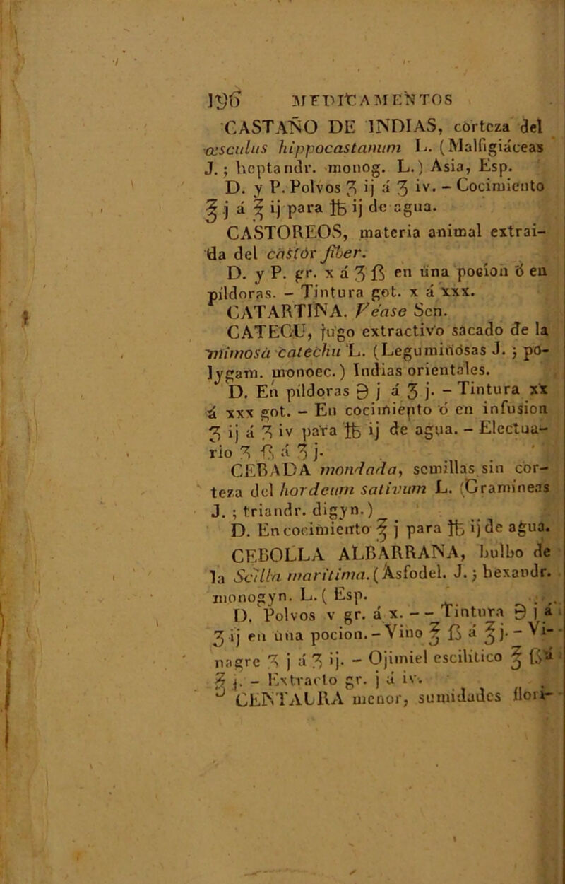 JïK) MniltAMENTOS CASTATNO DE 1NDIAS, côrtcza del ■œsculus hippocastamim L. (Malfigiaceas J. ; hcpta ndr. monog. L. ) Asia, Esp. D. y P. Polvos 3 >j â 3 iv* ~ Cociniitfuto ^ j a 3 ij para îfe ij de agua. CASTOREOS, materia animal extrai- ra del caSCôrJiber. D. y P. gr. x d 3 B en una poeion '6 en pildoras. - Tintura got. x d xxx. CATARTIMA. Véase Scn. CATECU, pïgo extractivo sacado Je la mimosù cal échu ‘L. (Leguminosas J. ; po- lygam. rnonoec. ) Indias orientales. D. En pildoras 9 j d 3 j. - Tintura xx d xxx got. - En cocimiepto 6 en infusion 3 ij d 3 iv para 'ffe ij de agua. - Electua^- rio 3 ü a 3 j* CEBADA mondada, scmillas sin cor- tcza del hordeum sativum L. (Gramineas J. ; triandr. digyn.) D. En coeifnienrto 3 j para ij de agua. CEBOLLA ALBARRANA, hulbo de la Set lin maritîma. ( Âsfodel. J. 3 liexandr. inonogyn. L.( Esp. . D. Polvos V gr. a X. - -^Tintura 9 j a 3 ij eu u 11a pocion. - Vino ^ fb d ^ J' A i— nagrc 3 j d 3 ij. - Ojimiel escilitico ^ 3 p - Extracio gr. j d iv. J CEM’ALRA uienor, sumidades Hou- %